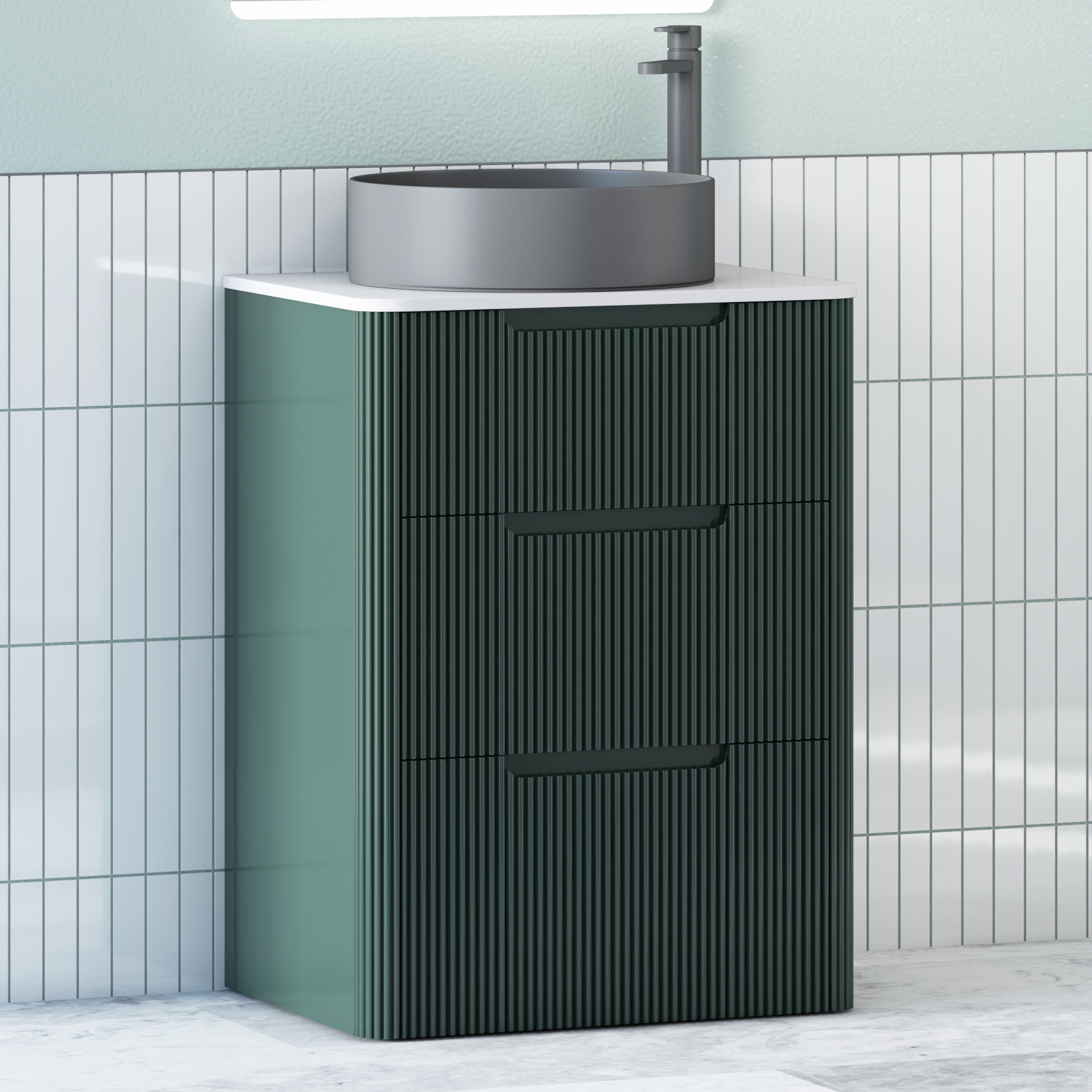 Avenza Deep Moss Green Floor Standing Vanity Unit 3 Drawer with Plain White Worktop & Multiple Basins