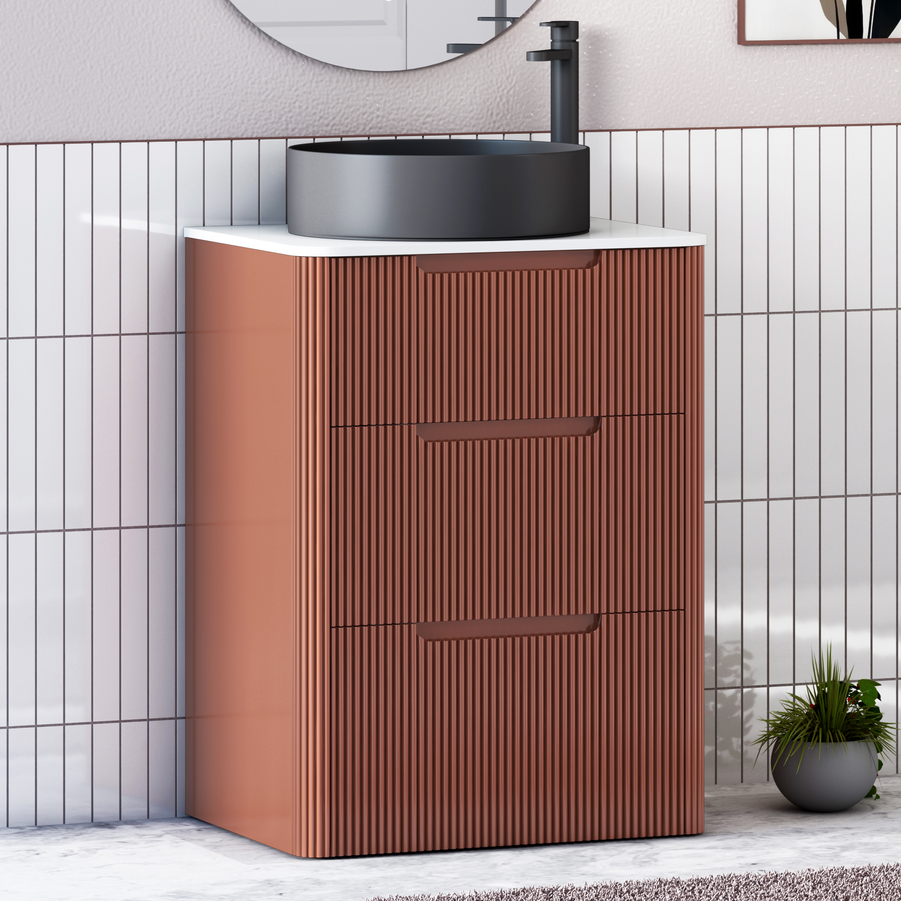 Avenza Terracotta Clay Floor Standing Vanity Unit 3 Drawer with Plain White Worktop & Multiple Basins