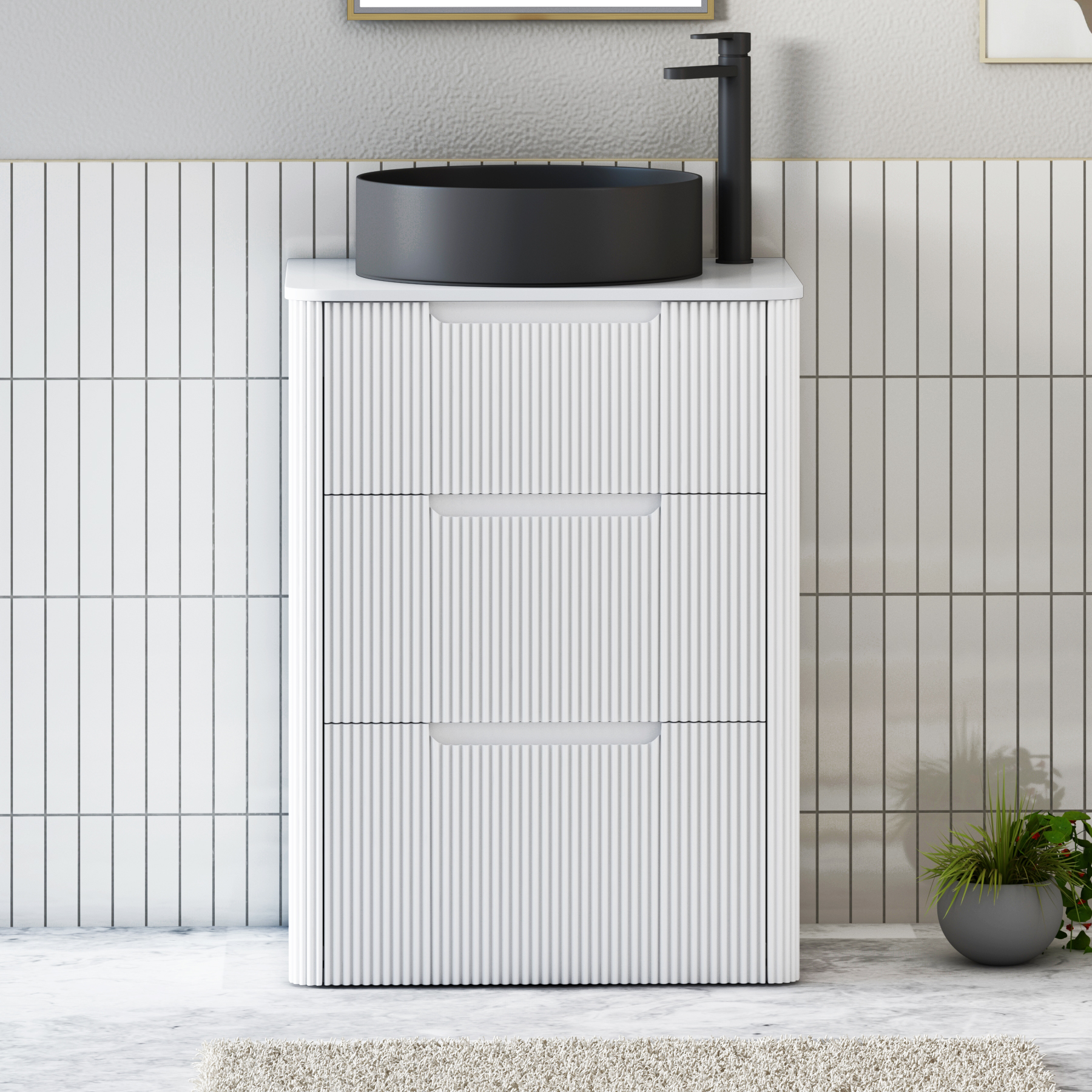 Avenza Matt White Floor Standing Vanity Unit 3 Drawer with Plain White Worktop & Multiple Basins