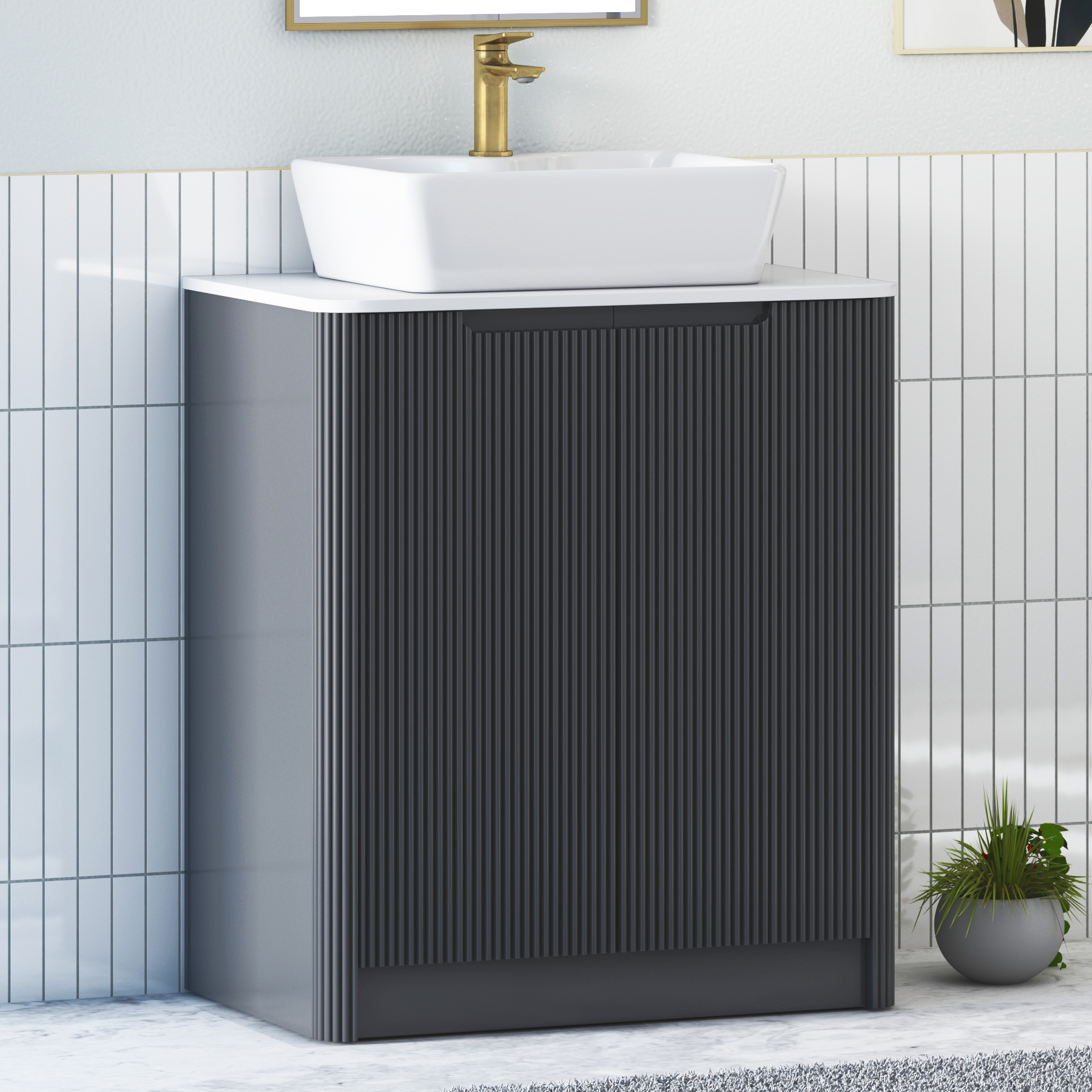 Avenza Matt Obsidian Black Floor Standing Vanity Unit 2 Door with Plain White Worktop & Multiple Basins