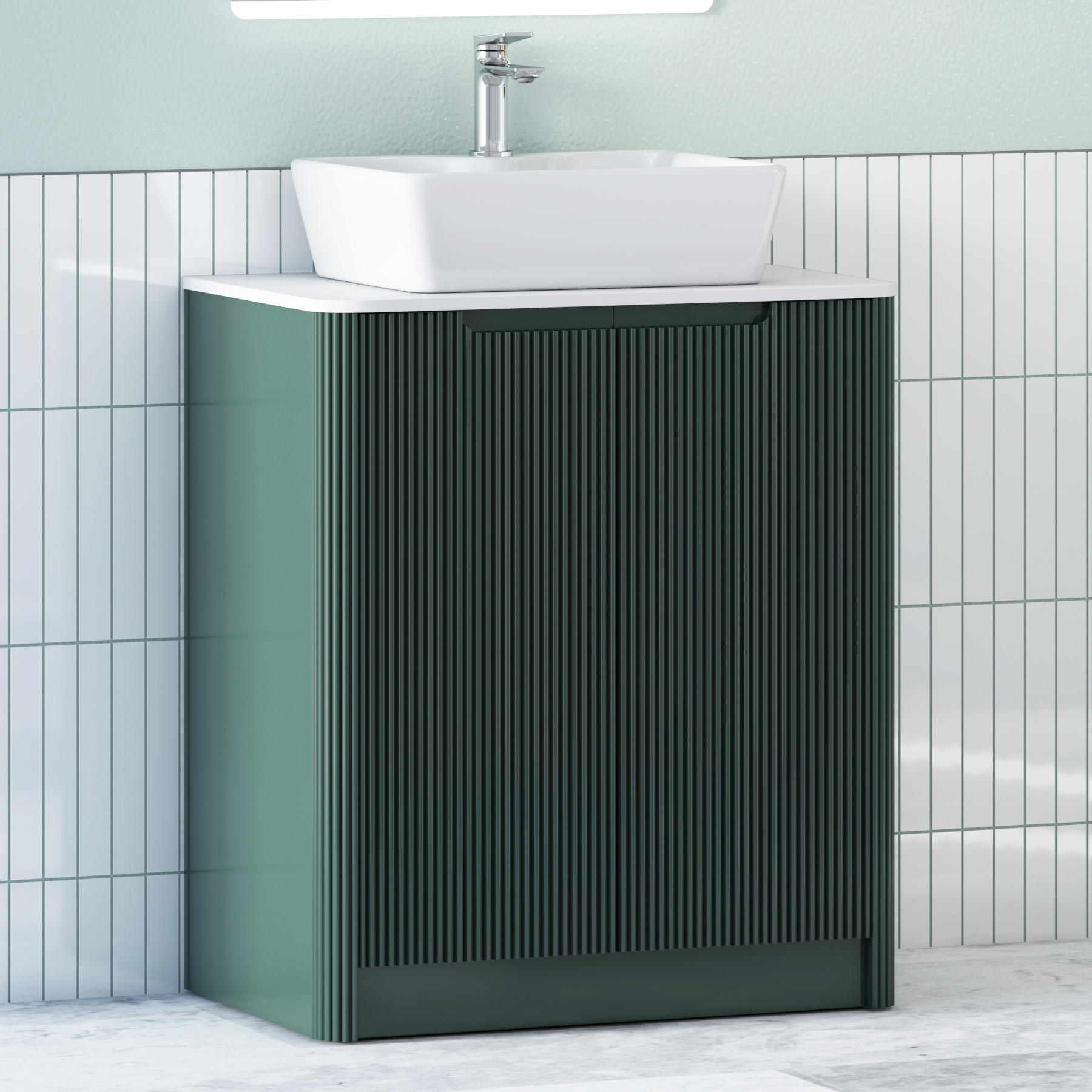 Avenza Deep Moss Green Floor Standing Vanity Unit 2 Door with Plain White Worktop & Multiple Basins