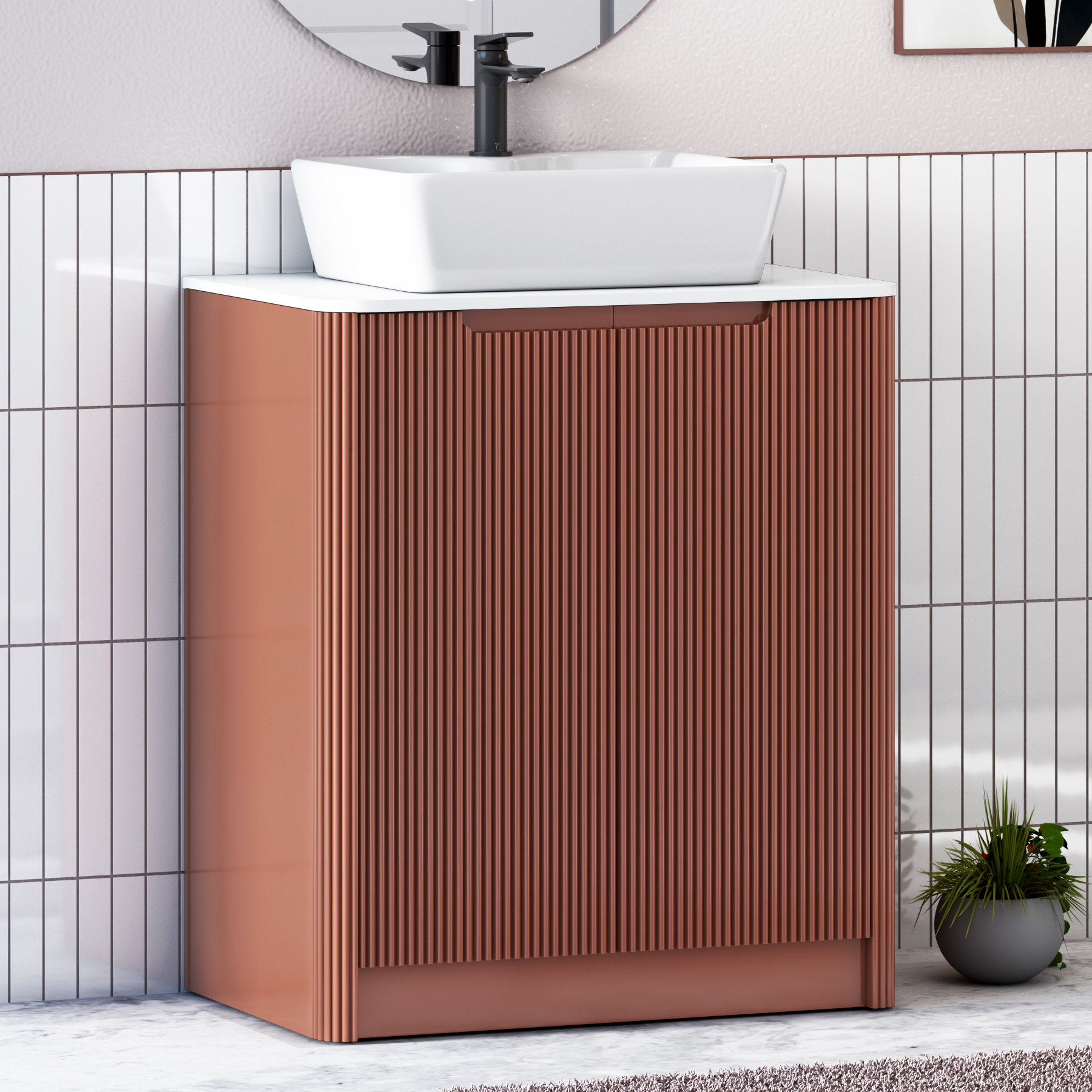 Avenza Terracotta Clay Black Floor Standing Vanity Unit 2 Door with Plain White Worktop & Multiple Basins
