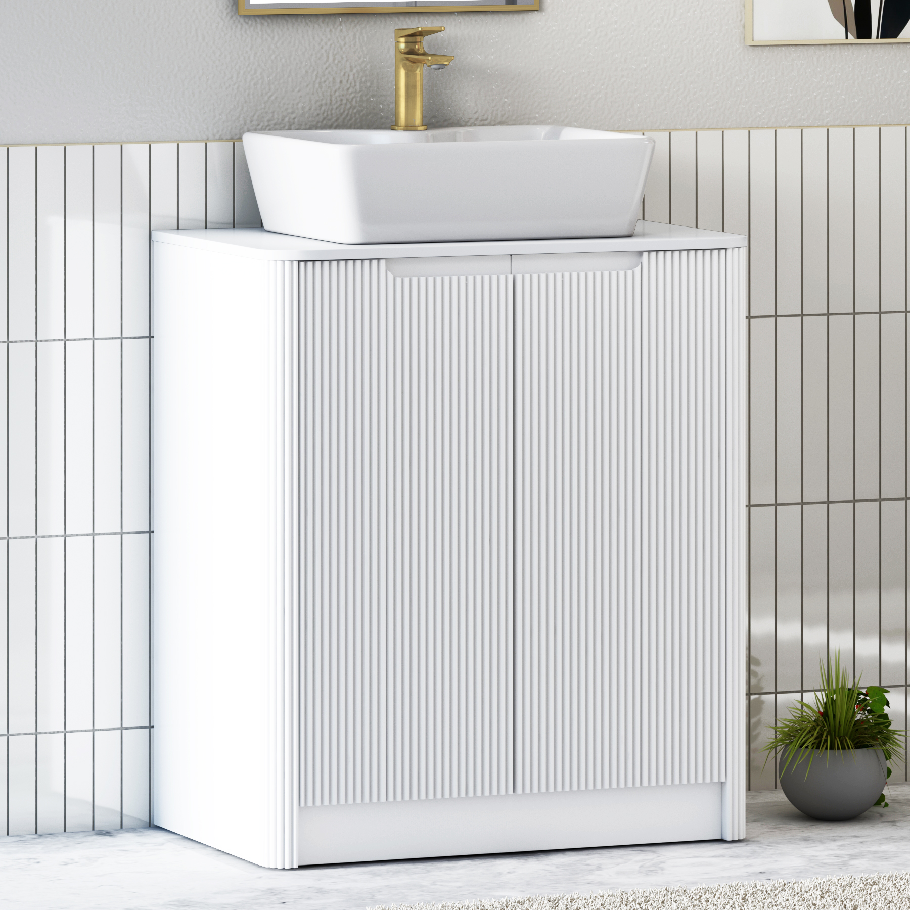 Avenza Matt White Floor Standing Vanity Unit 2 Door with Plain White Worktop & Multiple Basins