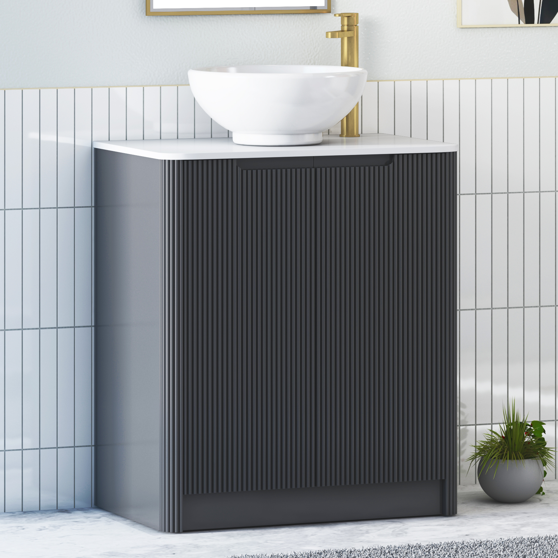 Avenza Matt Obsidian Black Floor Standing Vanity Unit 2 Door with Plain White Worktop & Multiple Basins