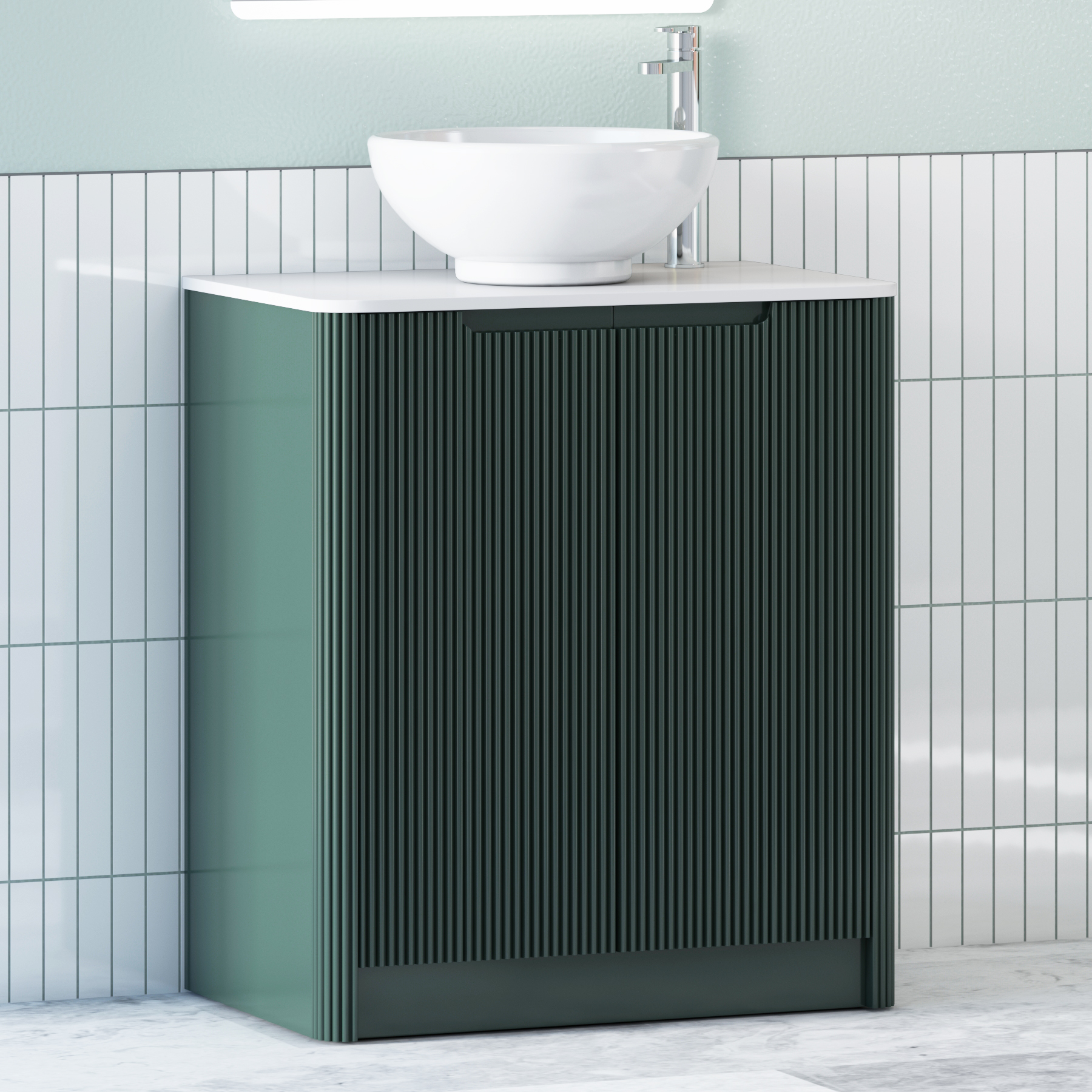 Avenza Deep Moss Green Floor Standing Vanity Unit 2 Door with Plain White Worktop & Multiple Basins