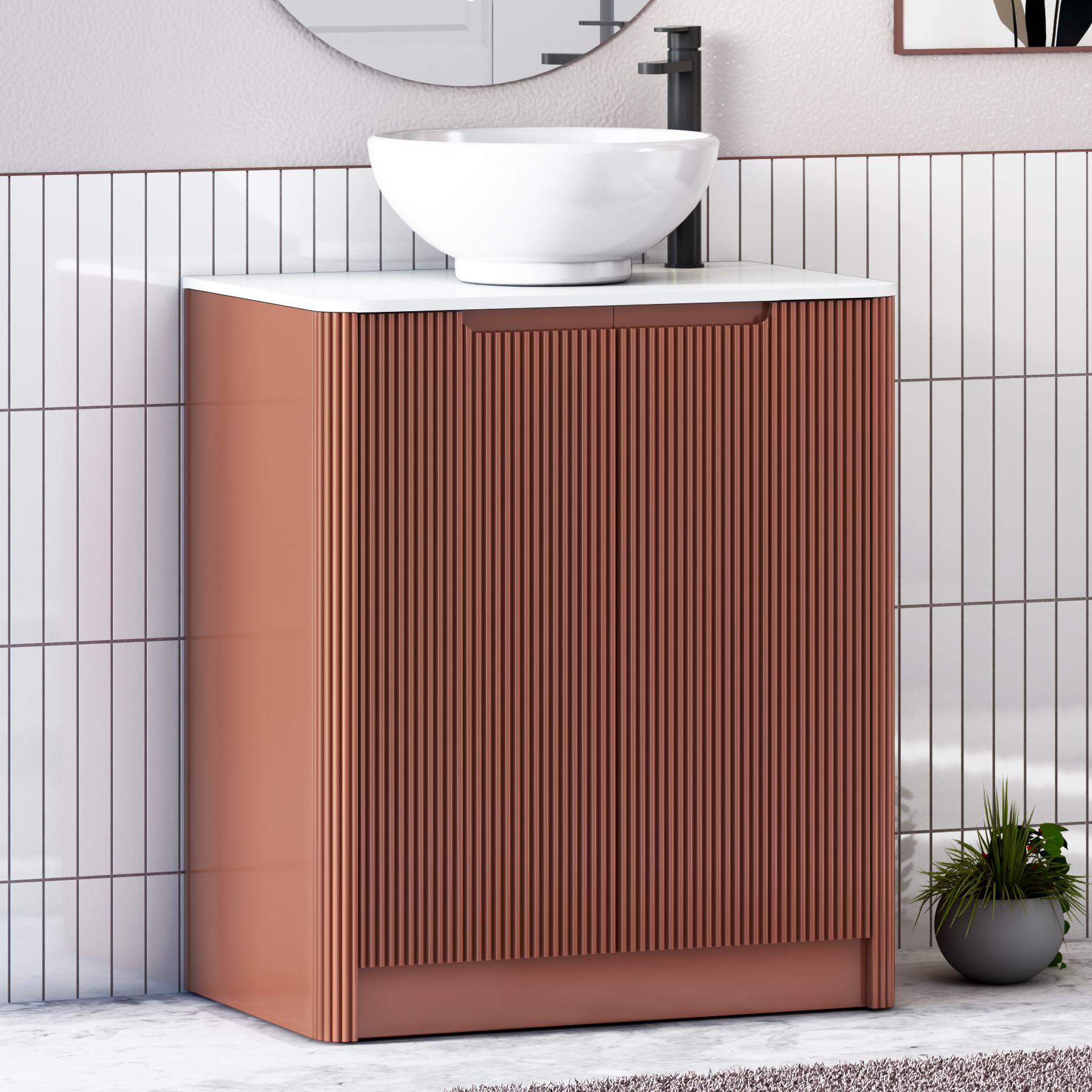 Avenza Terracotta Clay Black Floor Standing Vanity Unit 2 Door with Plain White Worktop & Multiple Basins