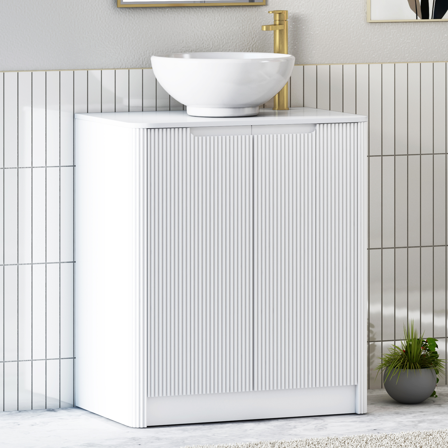 Avenza Matt White Floor Standing Vanity Unit 2 Door with Plain White Worktop & Multiple Basins