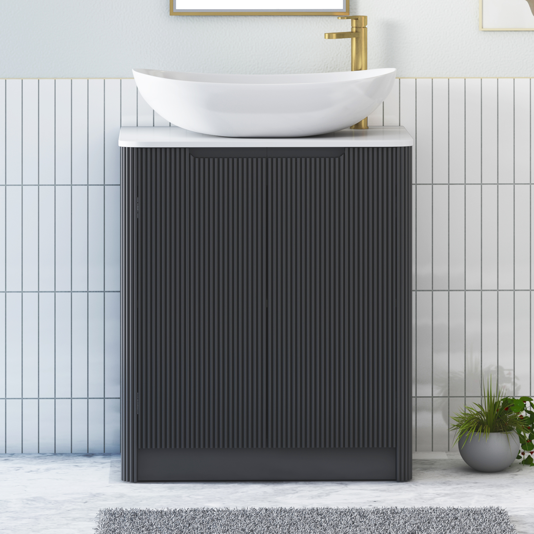 Avenza Matt Obsidian Black Floor Standing Vanity Unit 2 Door with Plain White Worktop & Multiple Basins