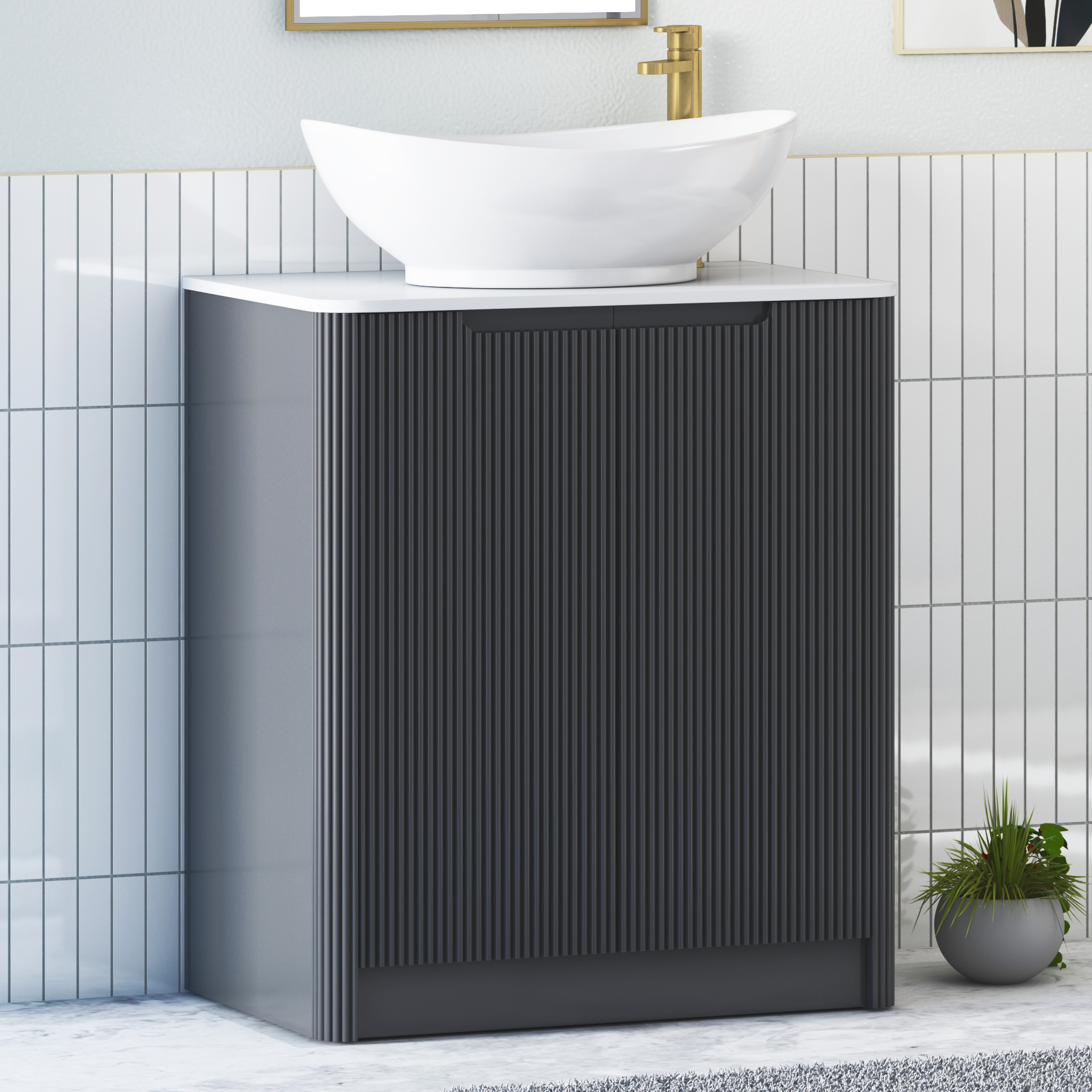 Avenza Matt Obsidian Black Floor Standing Vanity Unit 2 Door with Plain White Worktop & Multiple Basins