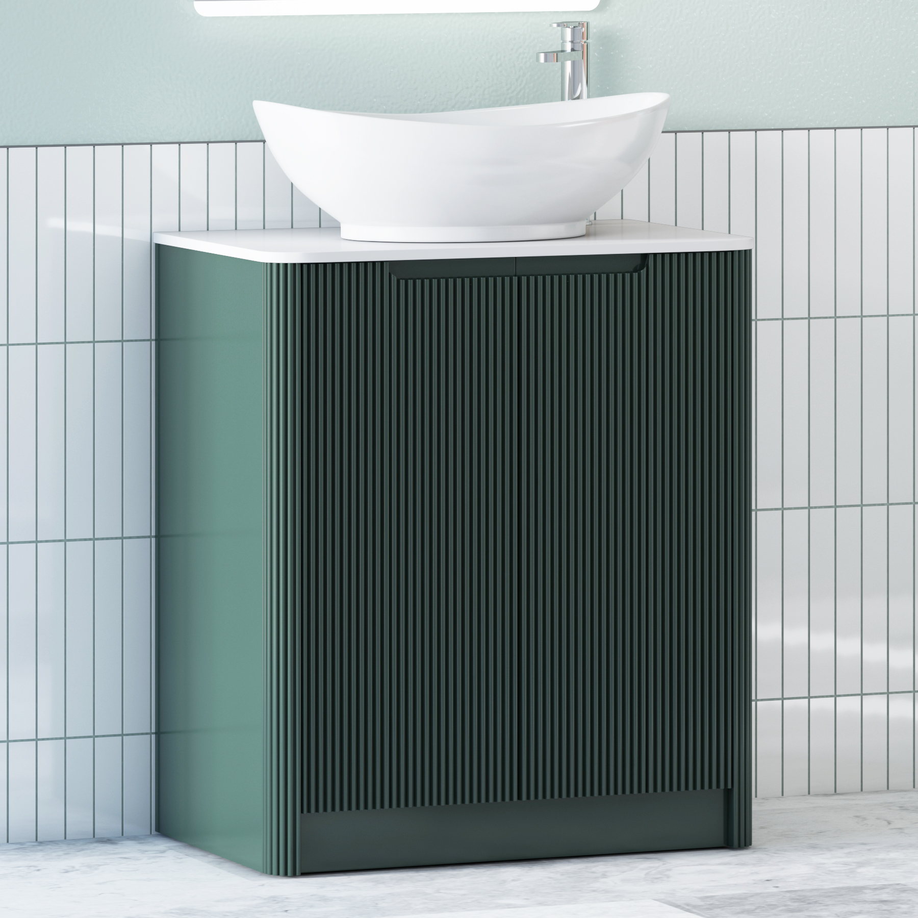 Avenza Deep Moss Green Floor Standing Vanity Unit 2 Door with Plain White Worktop & Multiple Basins