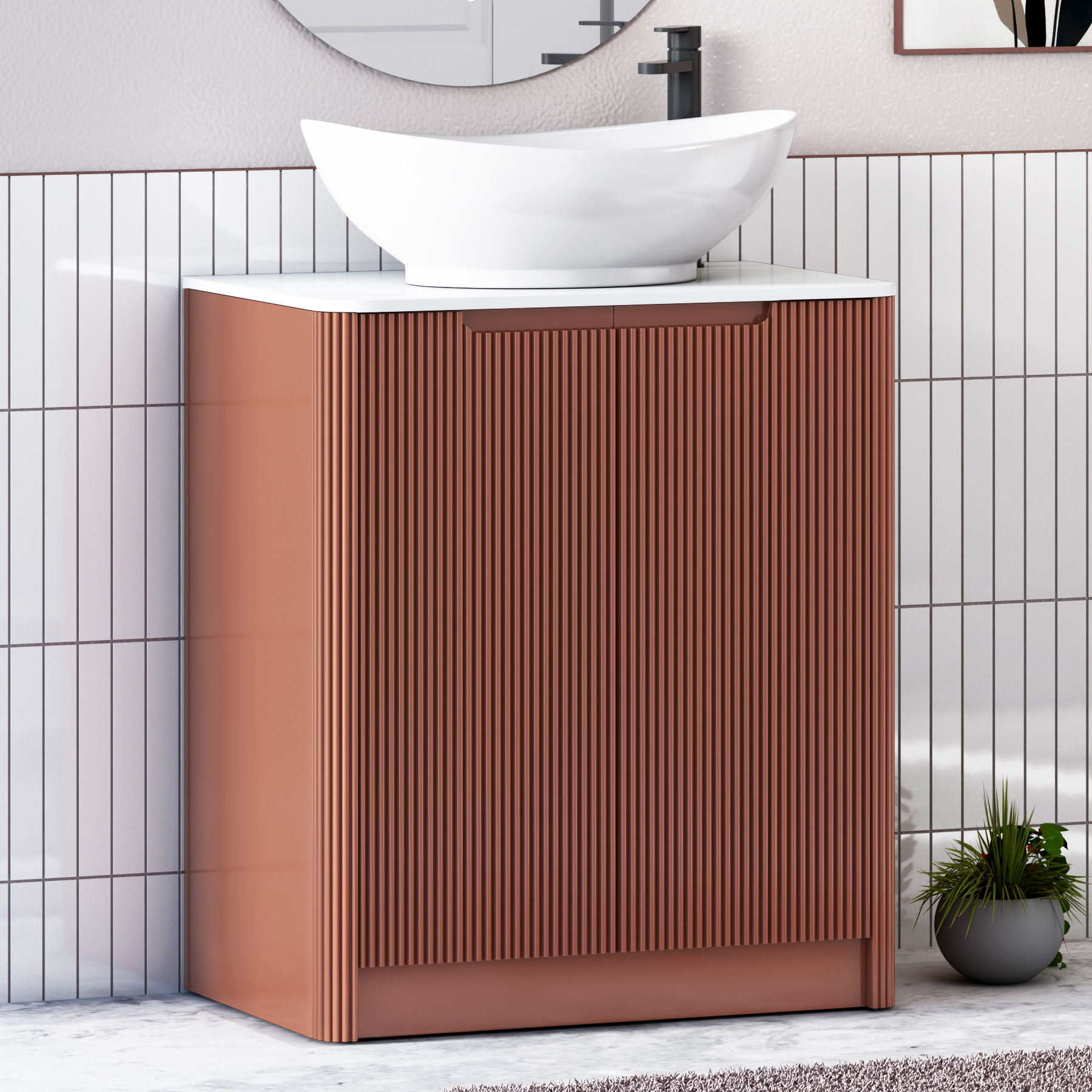 Avenza Terracotta Clay Black Floor Standing Vanity Unit 2 Door with Plain White Worktop & Multiple Basins
