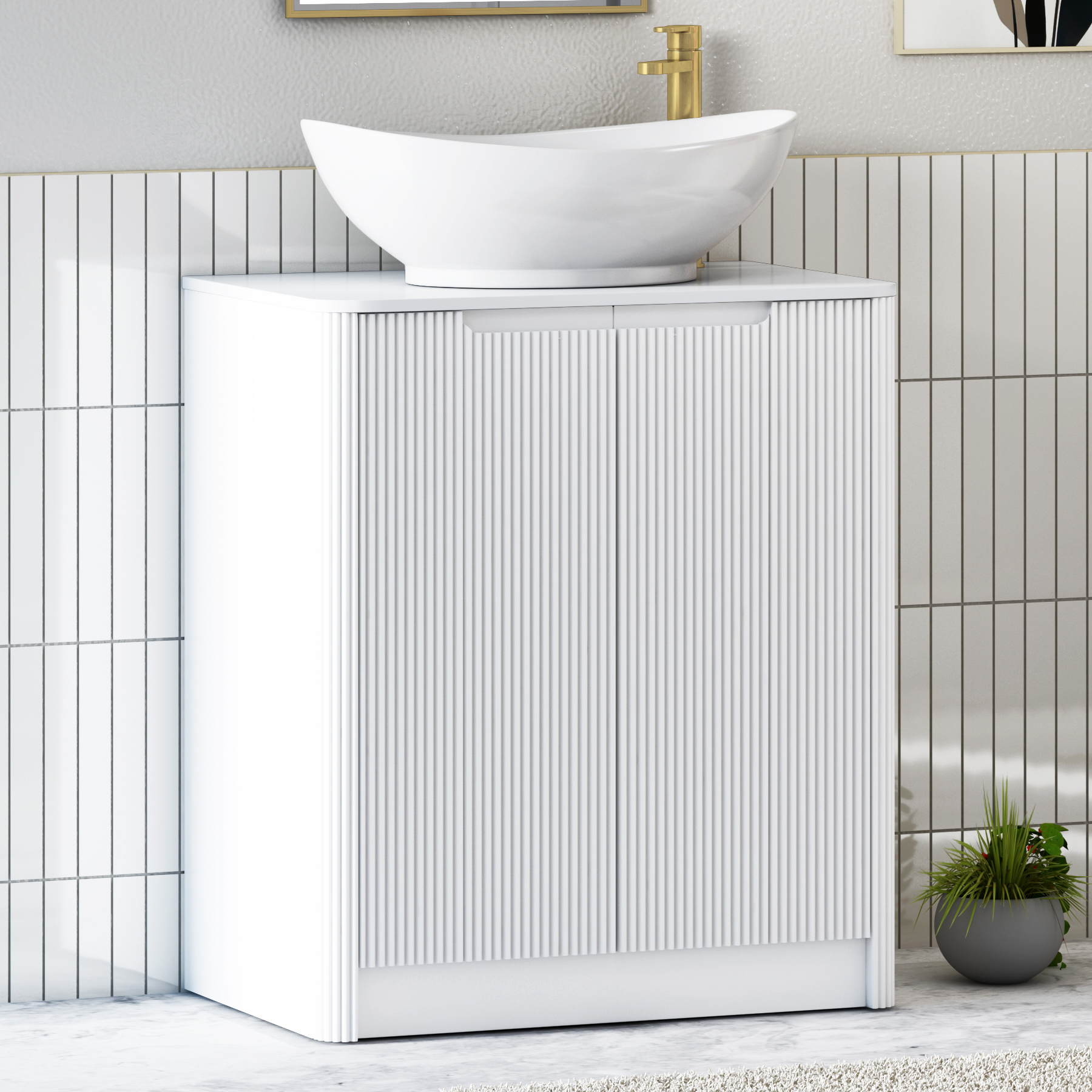 Avenza Matt White Floor Standing Vanity Unit 2 Door with Plain White Worktop & Multiple Basins