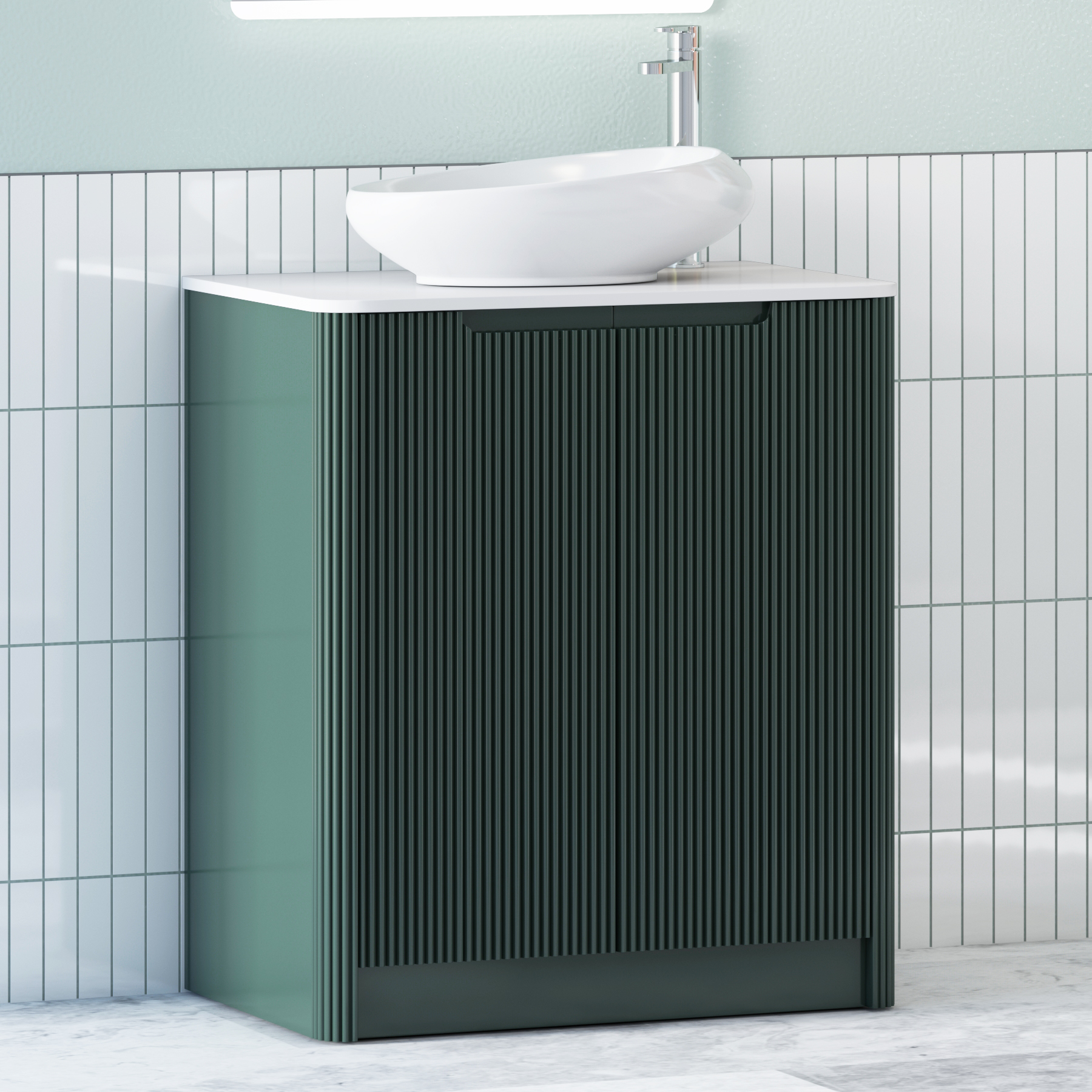 Avenza Deep Moss Green Floor Standing Vanity Unit 2 Door with Plain White Worktop & Multiple Basins