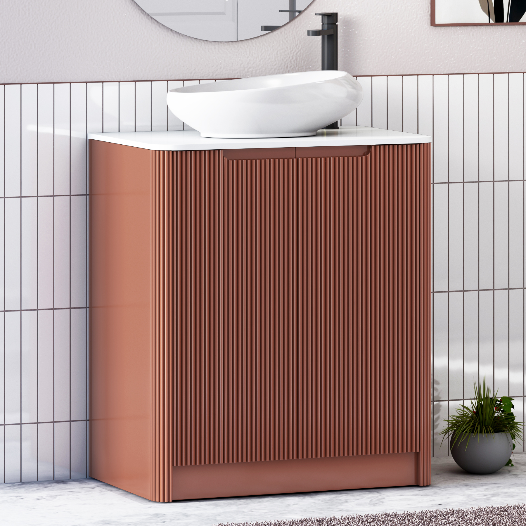Avenza Terracotta Clay Black Floor Standing Vanity Unit 2 Door with Plain White Worktop & Multiple Basins