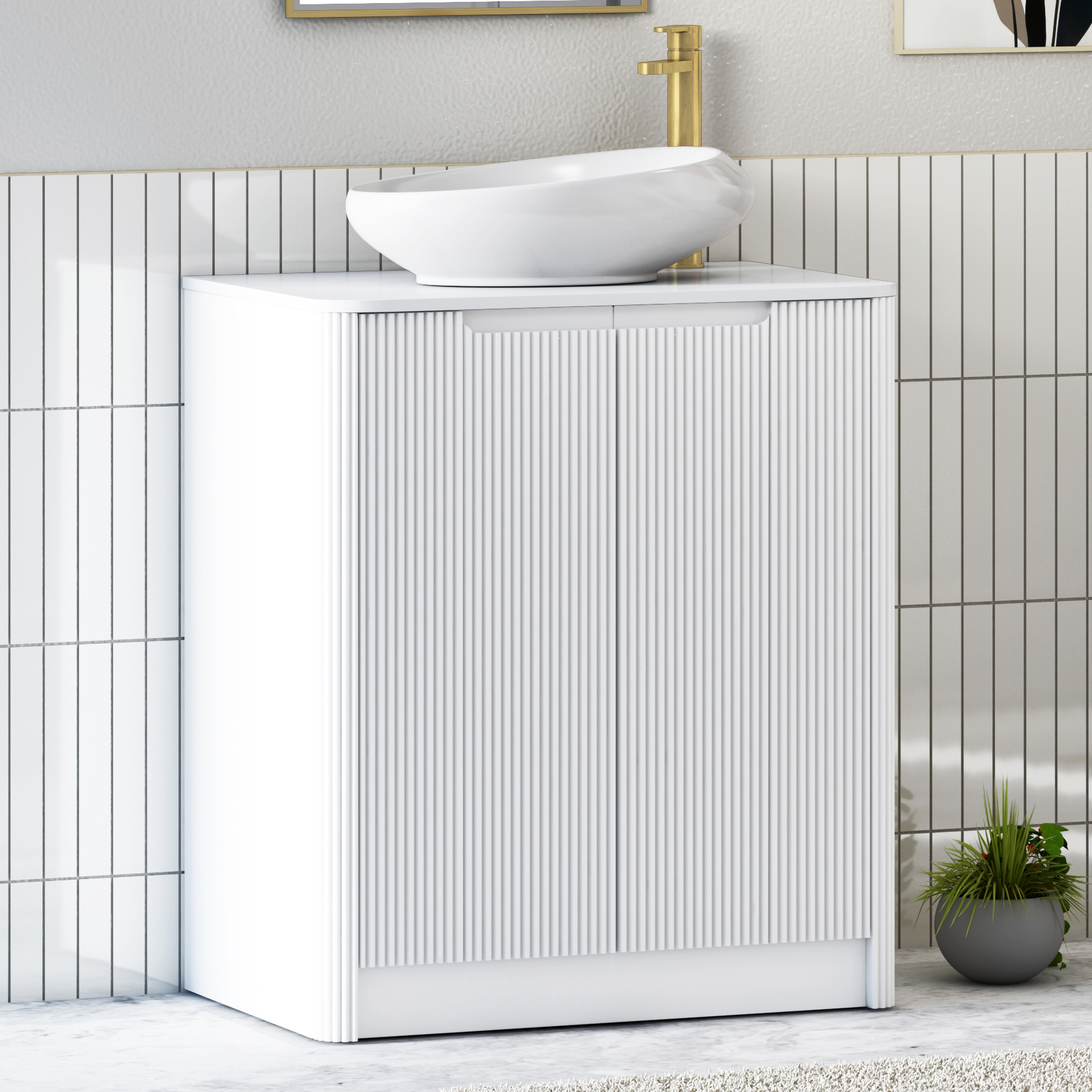 Avenza Matt White Floor Standing Vanity Unit 2 Door with Plain White Worktop & Multiple Basins