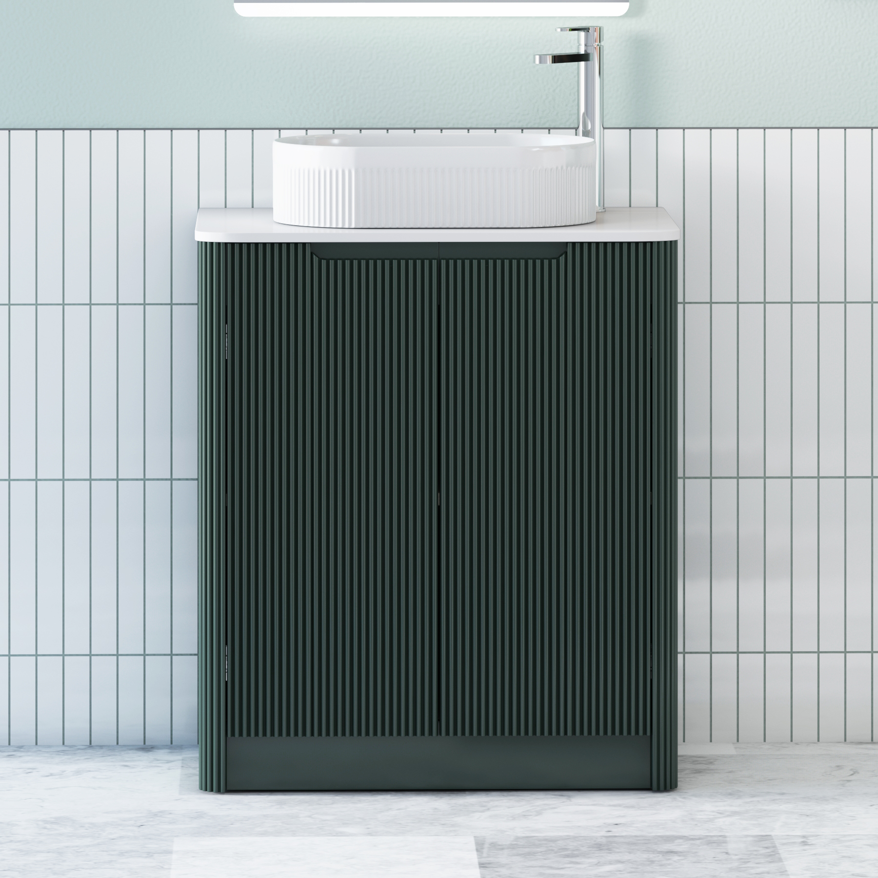 Avenza Deep Moss Green Floor Standing Vanity Unit 2 Door with Plain White Worktop & Multiple Basins