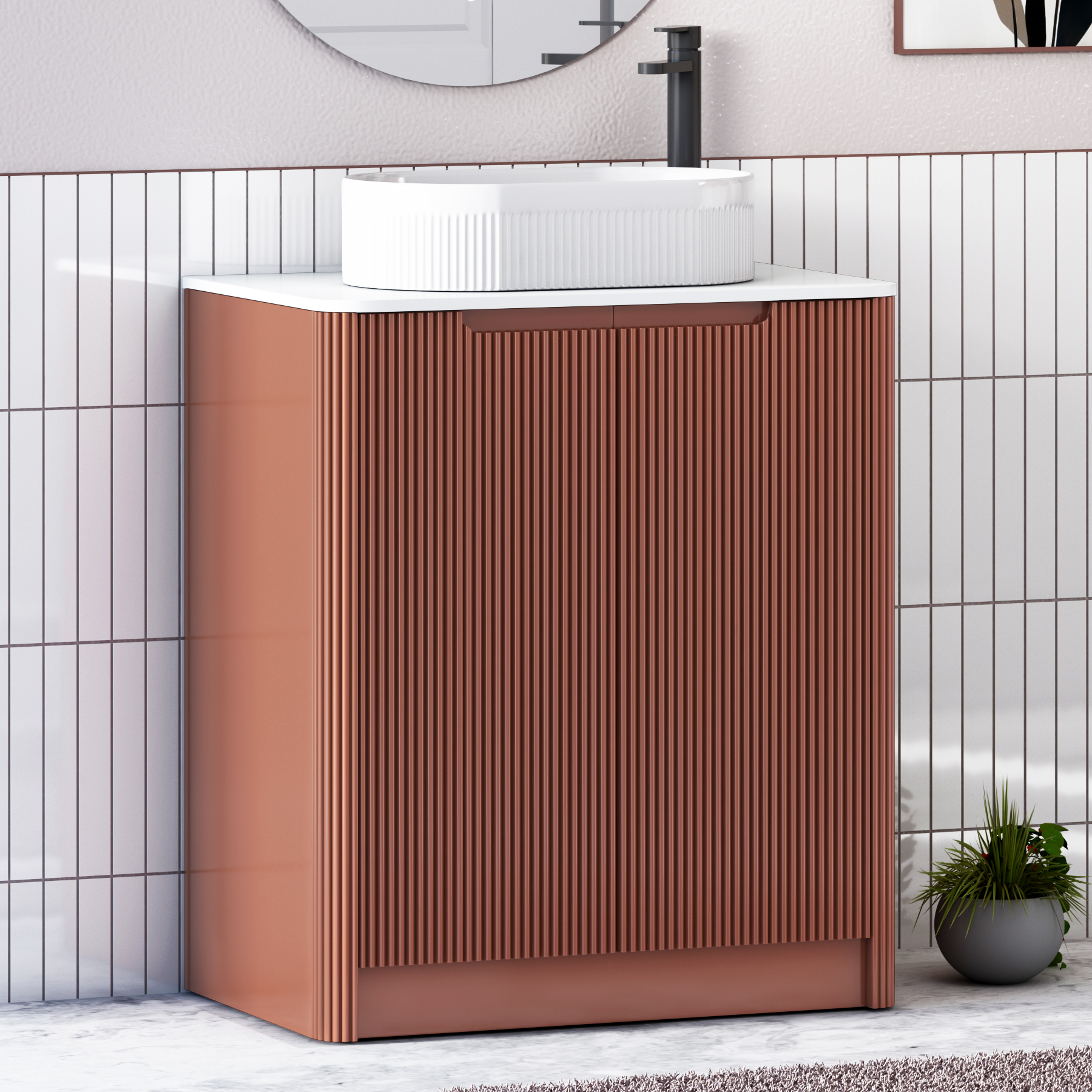 Avenza Terracotta Clay Black Floor Standing Vanity Unit 2 Door with Plain White Worktop & Multiple Basins