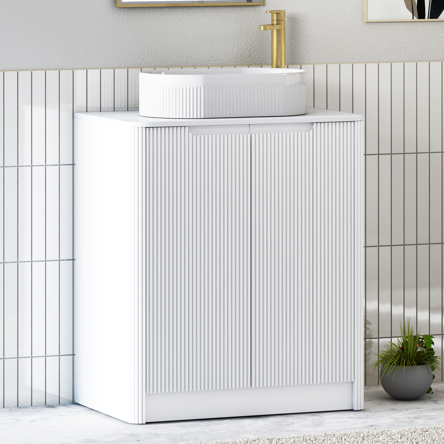 Avenza Matt White Floor Standing Vanity Unit 2 Door with Plain White Worktop & Multiple Basins