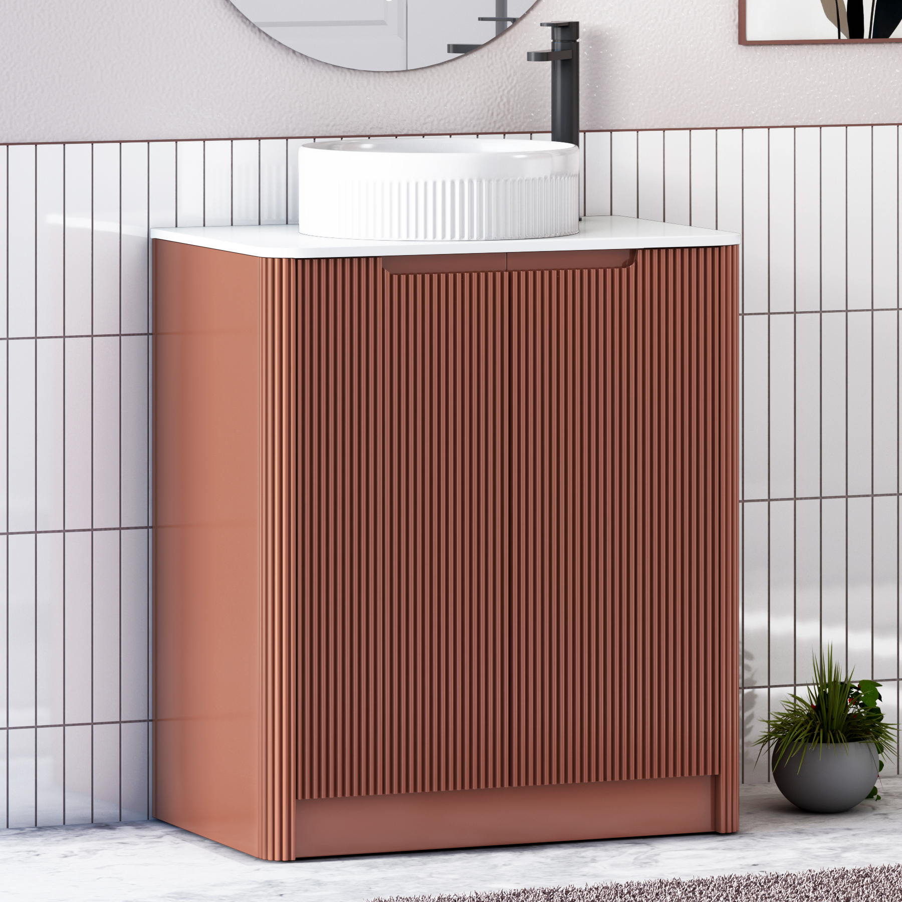 Avenza Terracotta Clay Black Floor Standing Vanity Unit 2 Door with Plain White Worktop & Multiple Basins