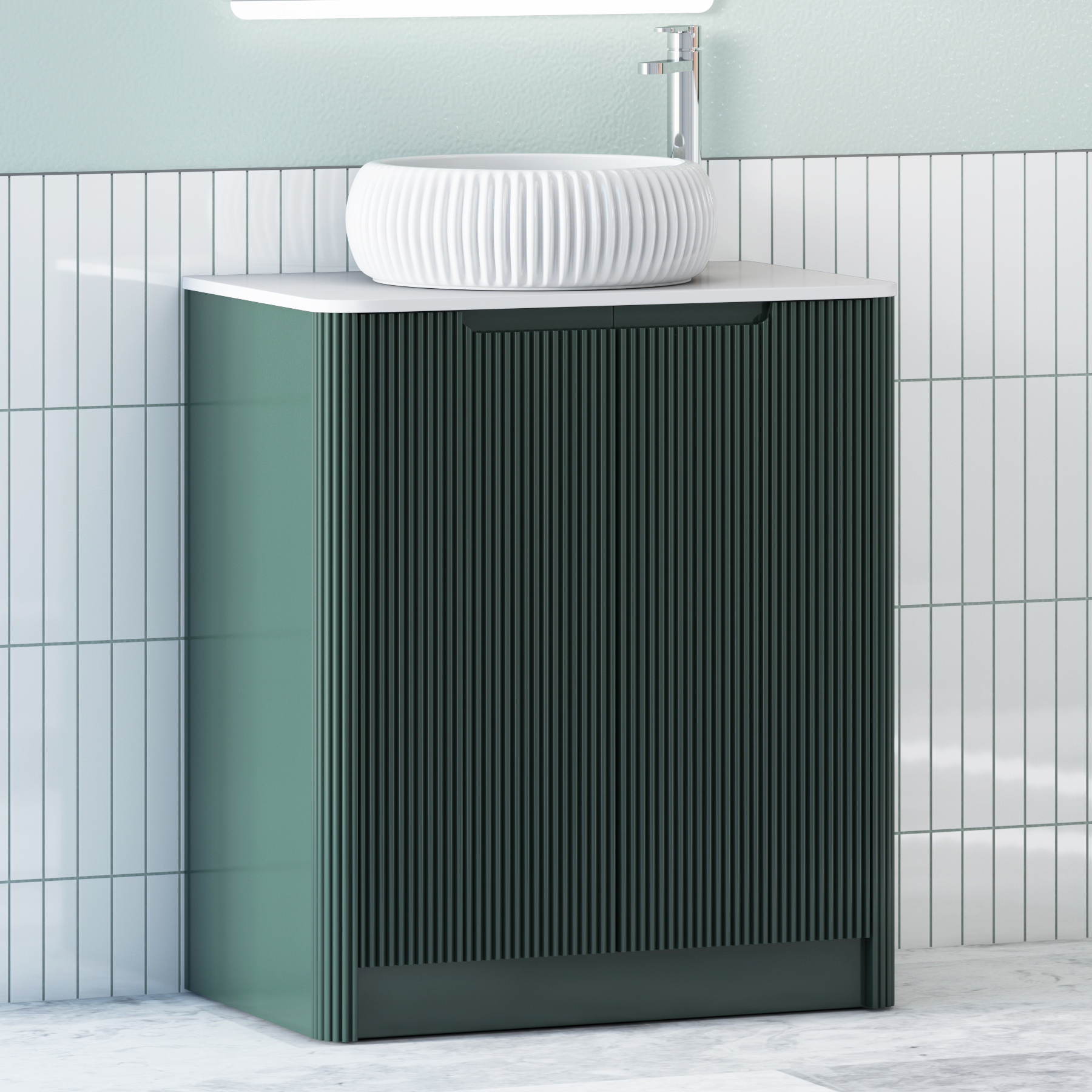 Avenza Deep Moss Green Floor Standing Vanity Unit 2 Door with Plain White Worktop & Multiple Basins
