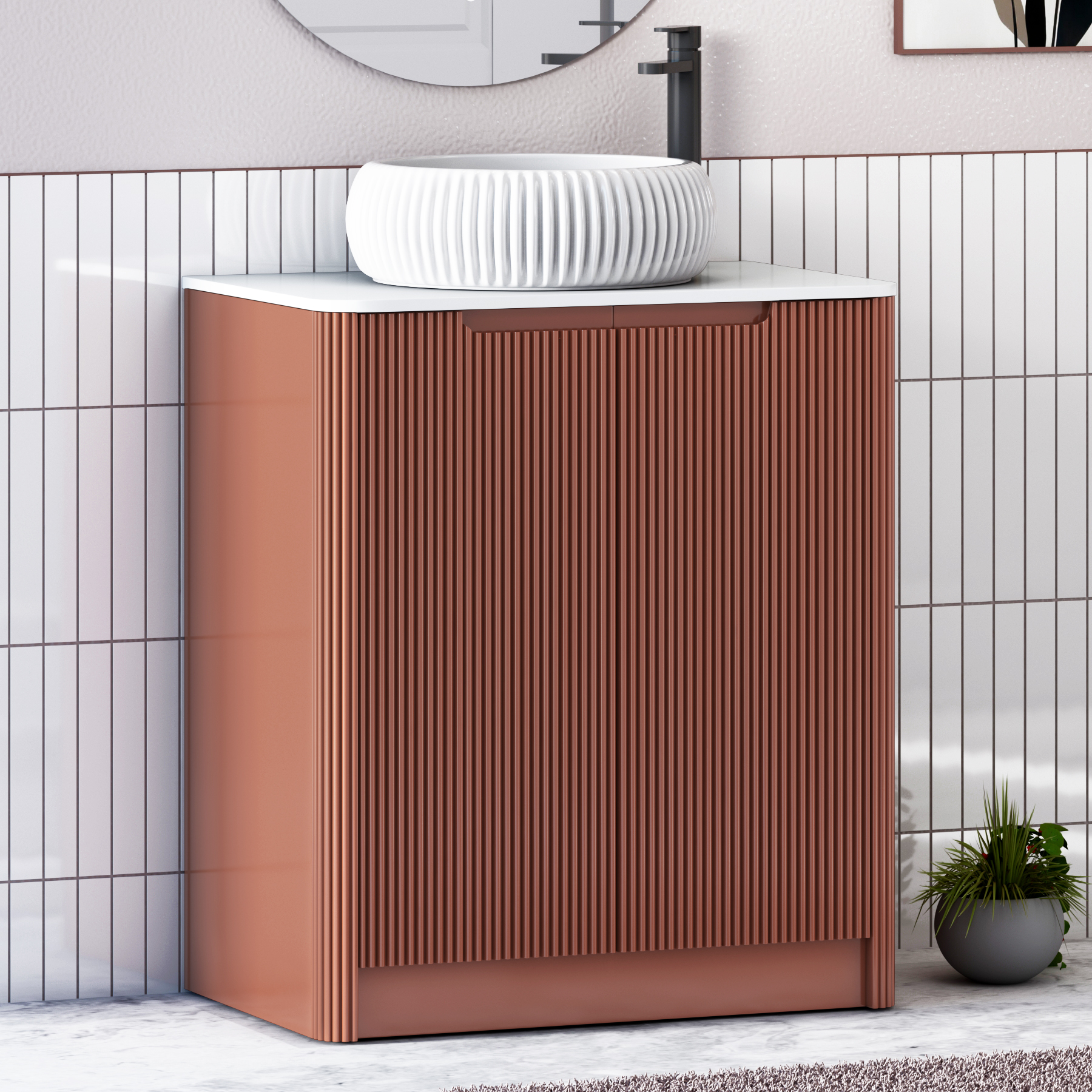 Avenza Terracotta Clay Black Floor Standing Vanity Unit 2 Door with Plain White Worktop & Multiple Basins