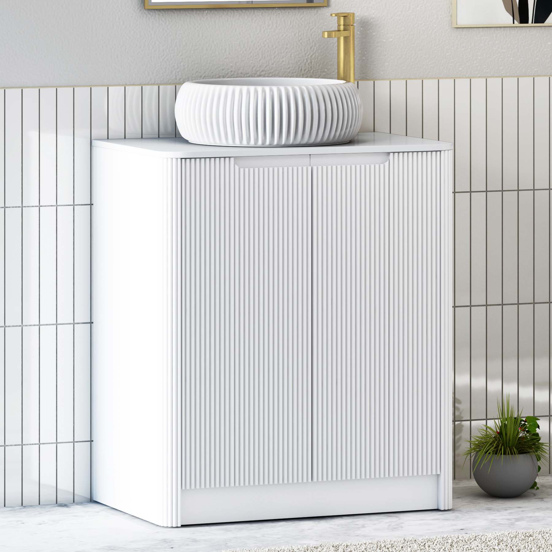Avenza Matt White Floor Standing Vanity Unit 2 Door with Plain White Worktop & Multiple Basins