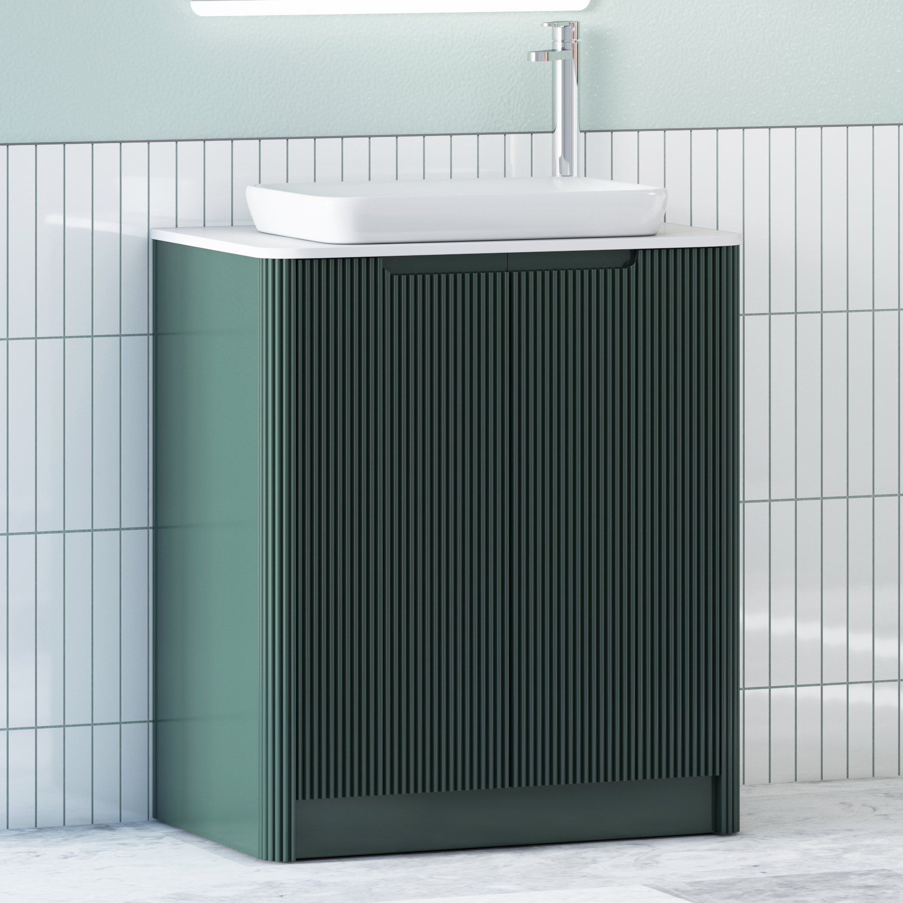Avenza Deep Moss Green Floor Standing Vanity Unit 2 Door with Plain White Worktop & Multiple Basins