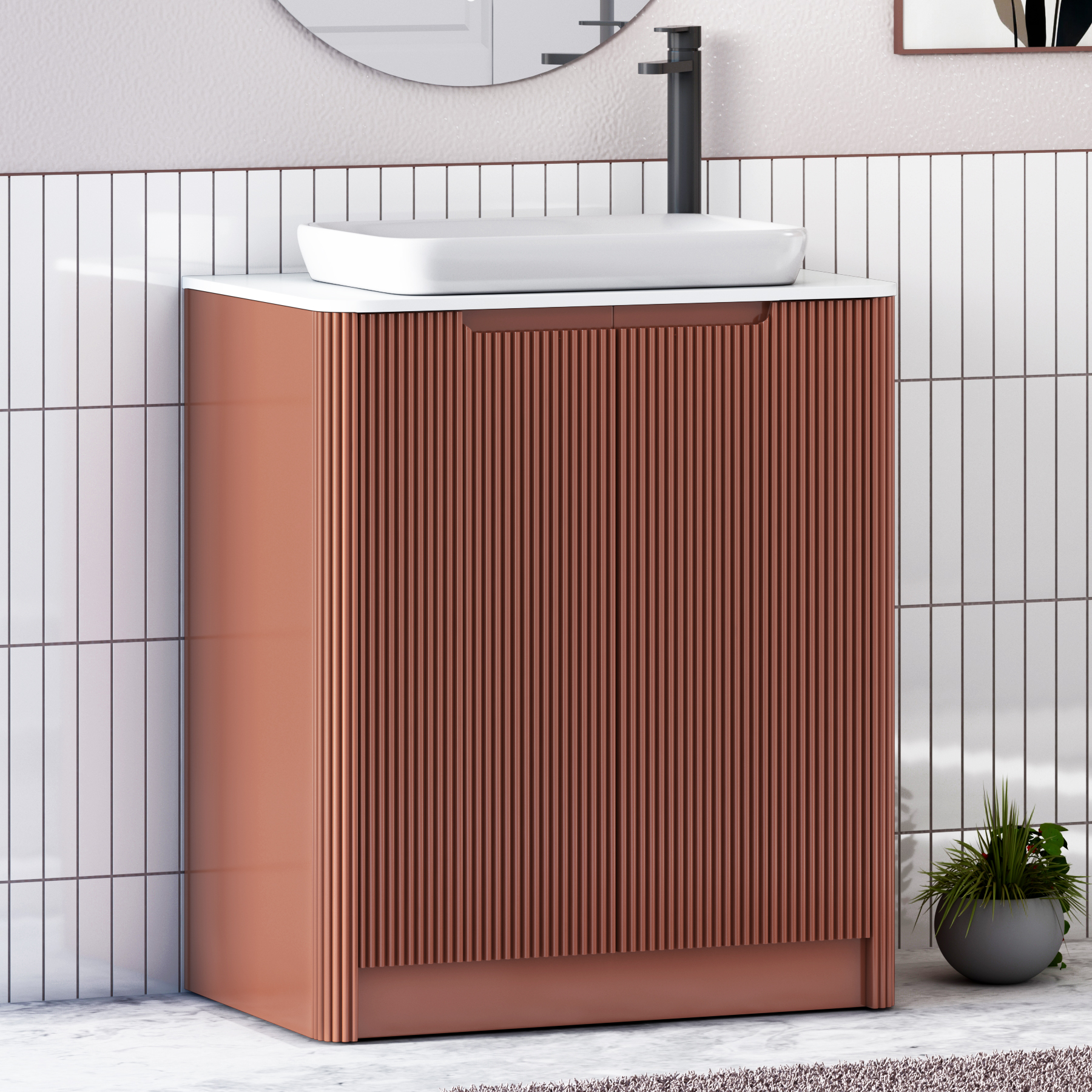 Avenza Terracotta Clay Black Floor Standing Vanity Unit 2 Door with Plain White Worktop & Multiple Basins