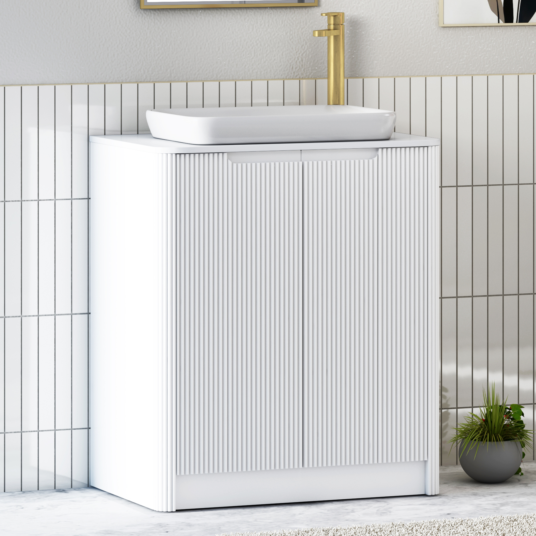 Avenza Matt White Floor Standing Vanity Unit 2 Door with Plain White Worktop & Multiple Basins