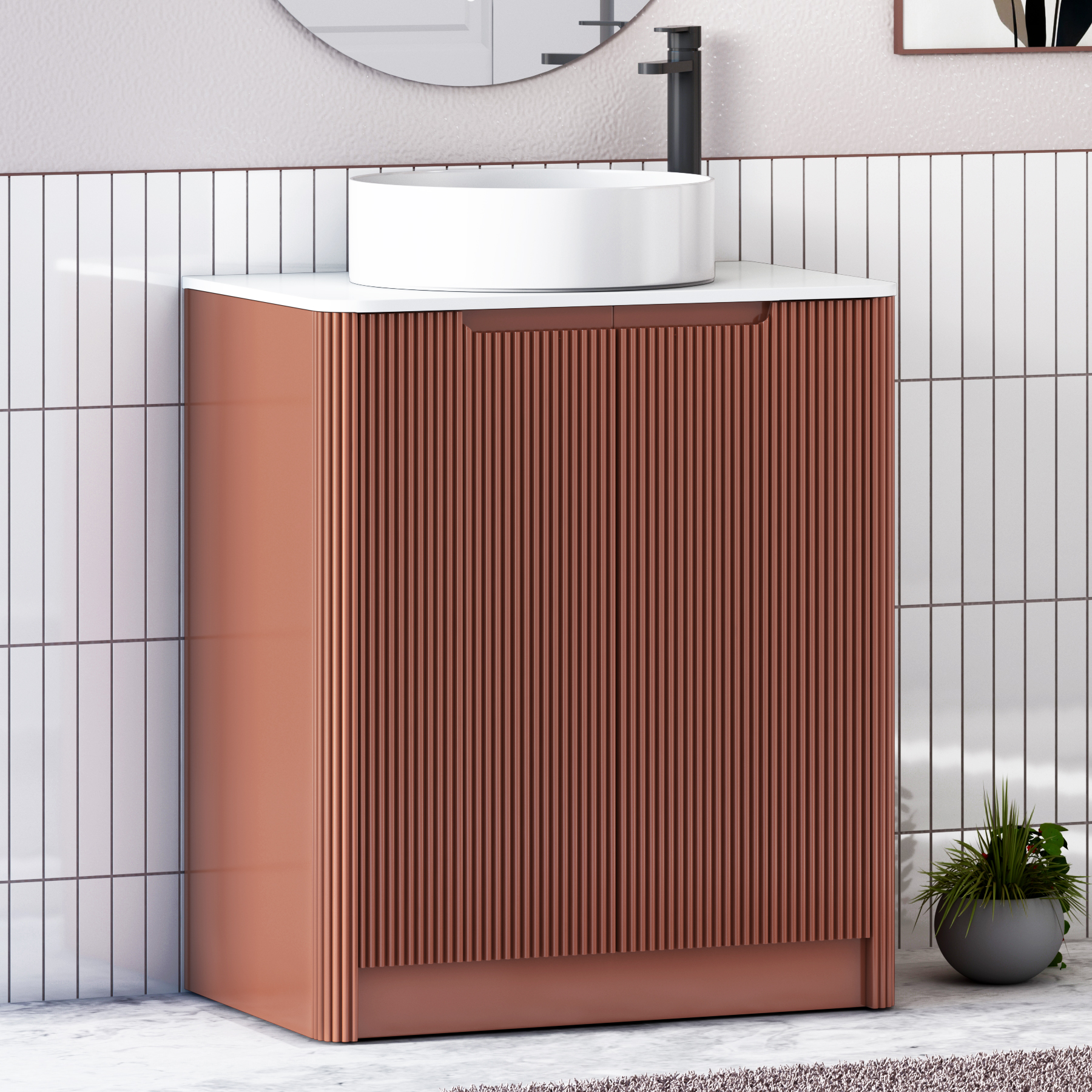 Avenza Terracotta Clay Black Floor Standing Vanity Unit 2 Door with Plain White Worktop & Multiple Basins