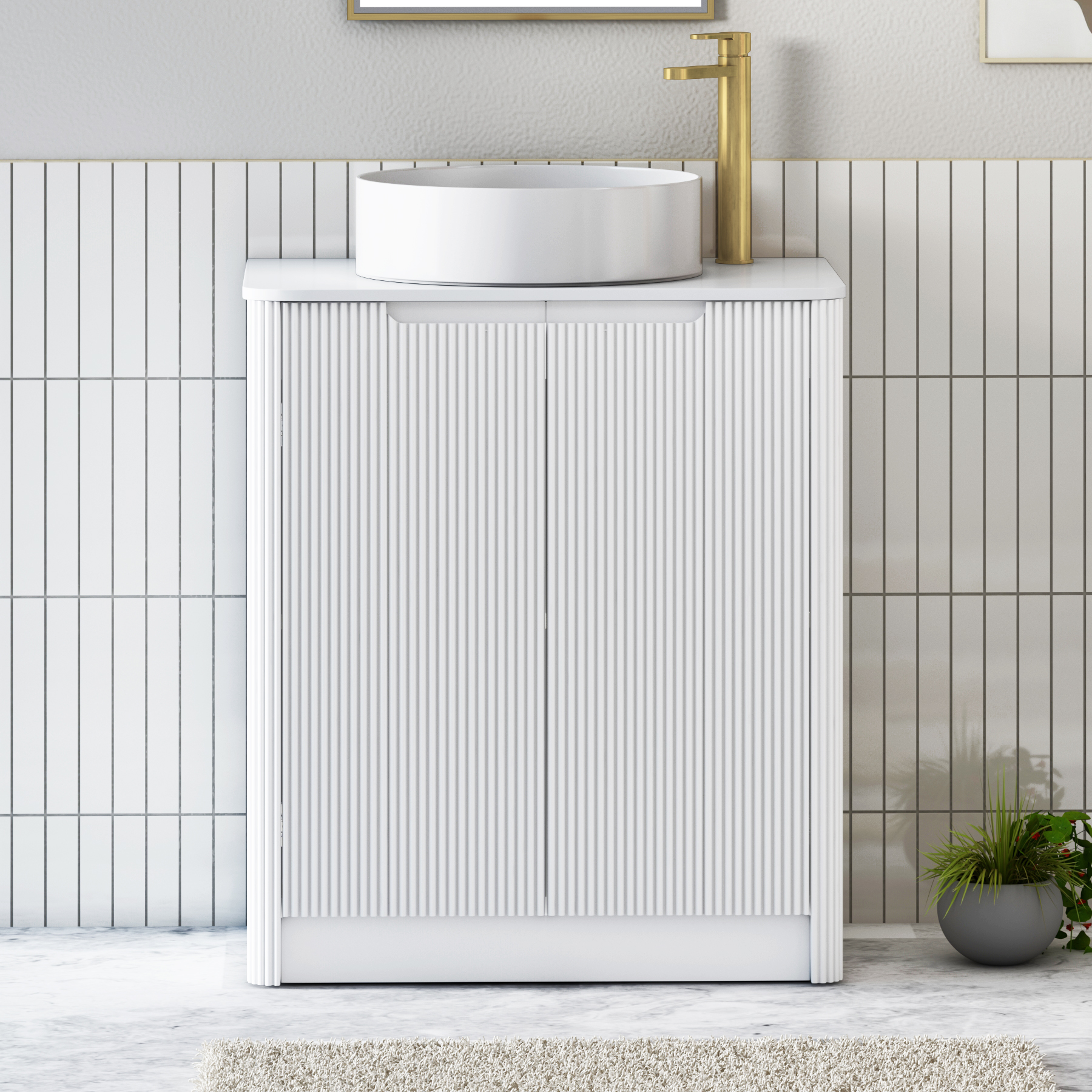 Avenza Matt White Floor Standing Vanity Unit 2 Door with Plain White Worktop & Multiple Basins
