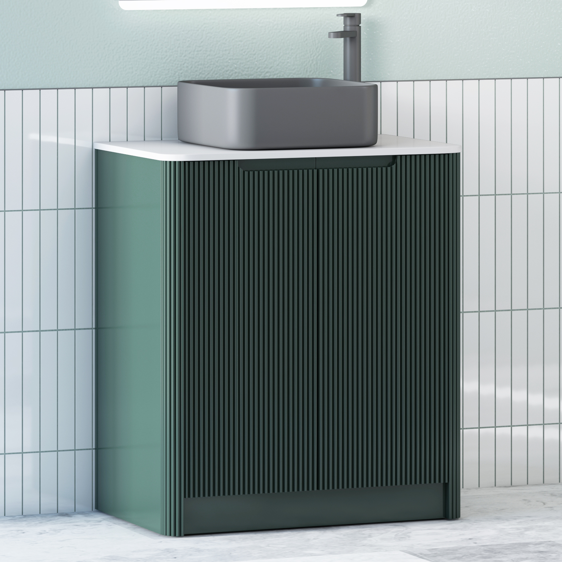Avenza Deep Moss Green Floor Standing Vanity Unit 2 Door with Plain White Worktop & Multiple Basins