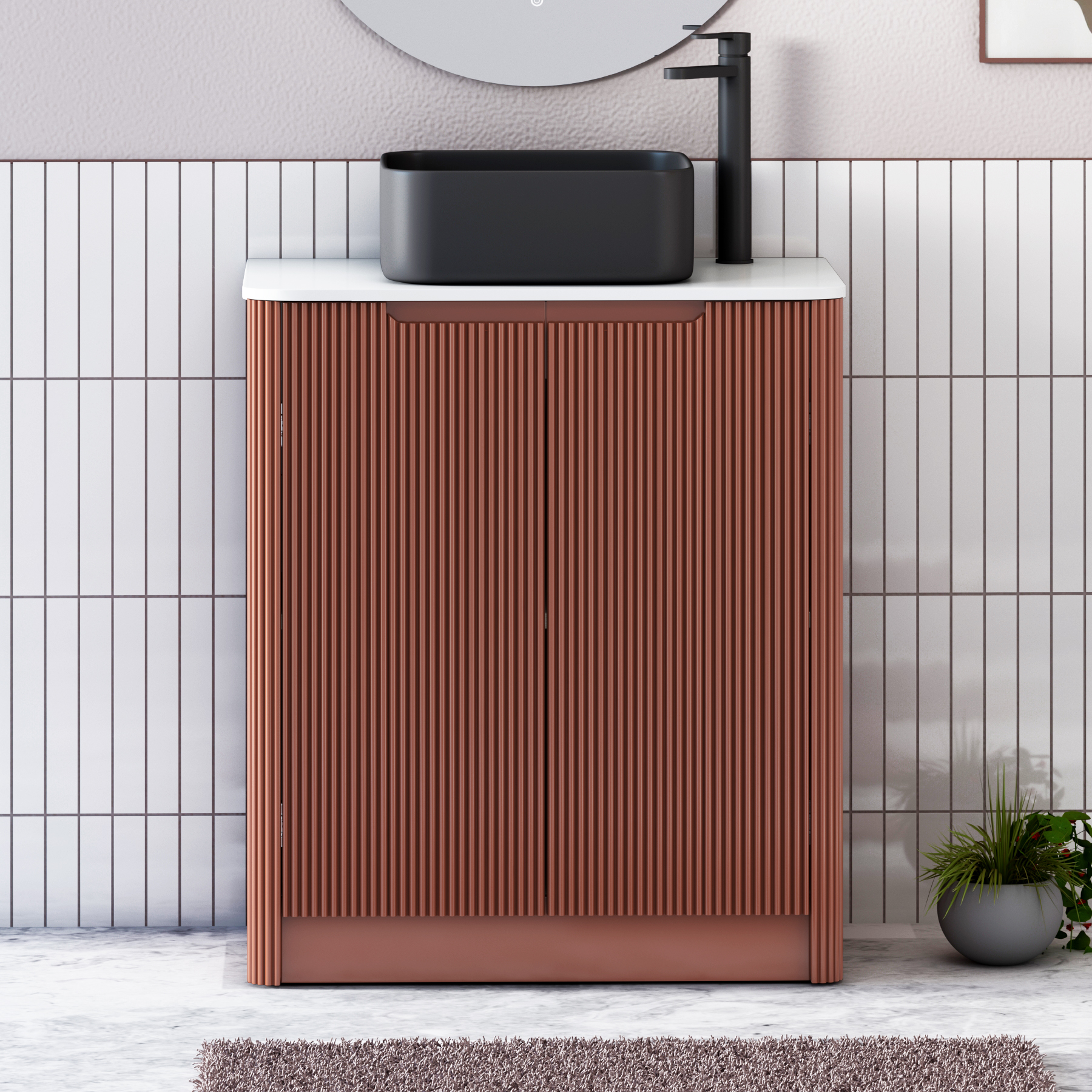 Avenza Terracotta Clay Black Floor Standing Vanity Unit 2 Door with Plain White Worktop & Multiple Basins