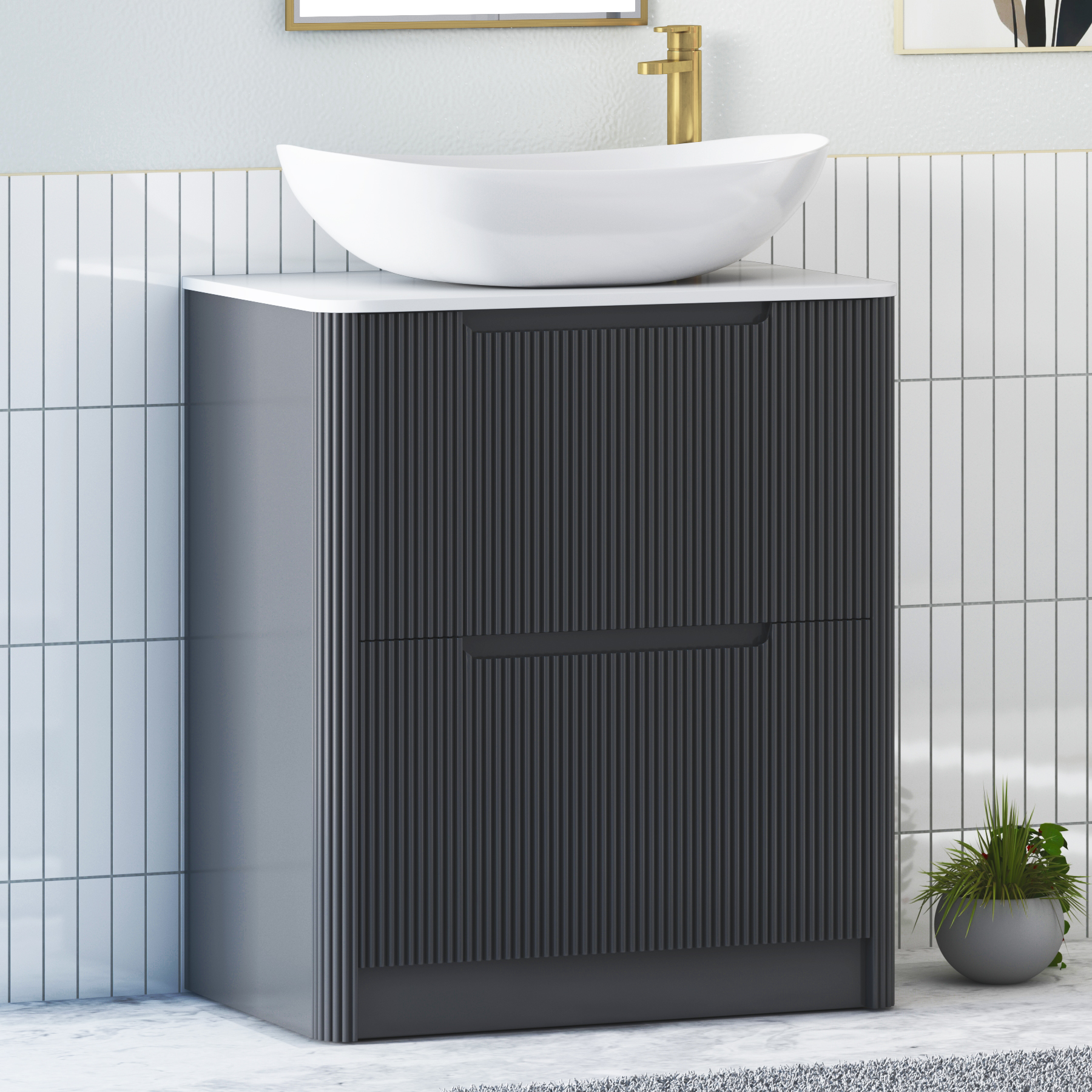 Avenza Matt Obsidian Black Floor Standing Vanity Unit 2 Drawer with Plain White Worktop & Multiple Basins