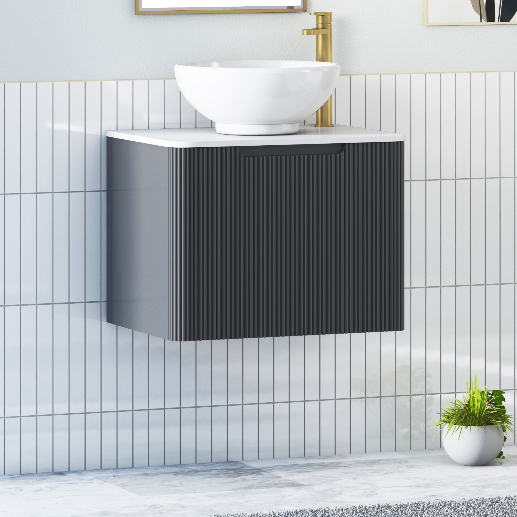 Avenza Matt Obsidian Black Wall Hung Vanity Unit 1 Drawer with Plain White Worktop & Multiple Basins