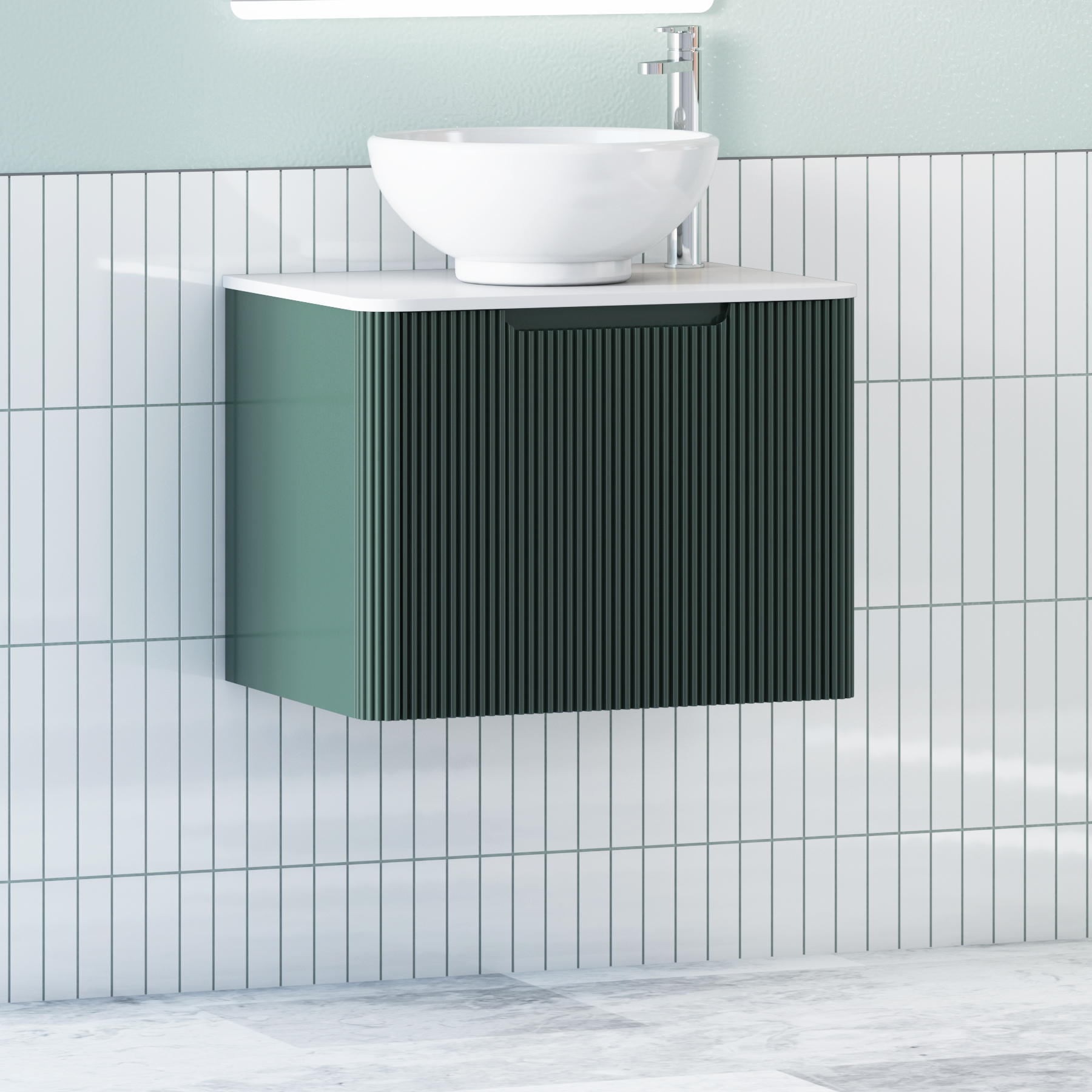 Avenza Deep Moss Green Wall Hung Vanity Unit 1 Drawer with Plain White Worktop & Multiple Basins