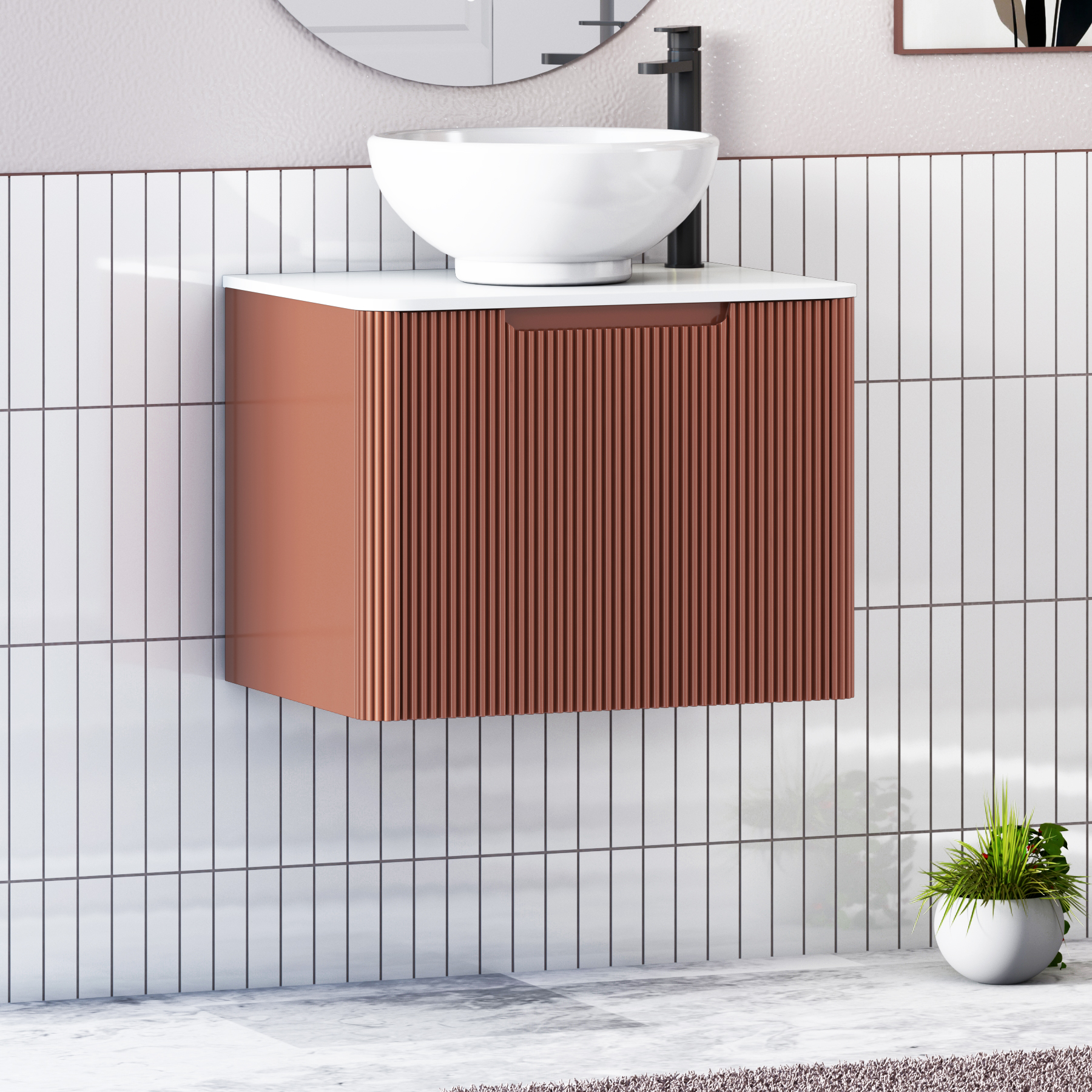 Avenza Terracotta Clay Wall Hung Vanity Unit 1 Drawer with Plain White Worktop & Multiple Basins