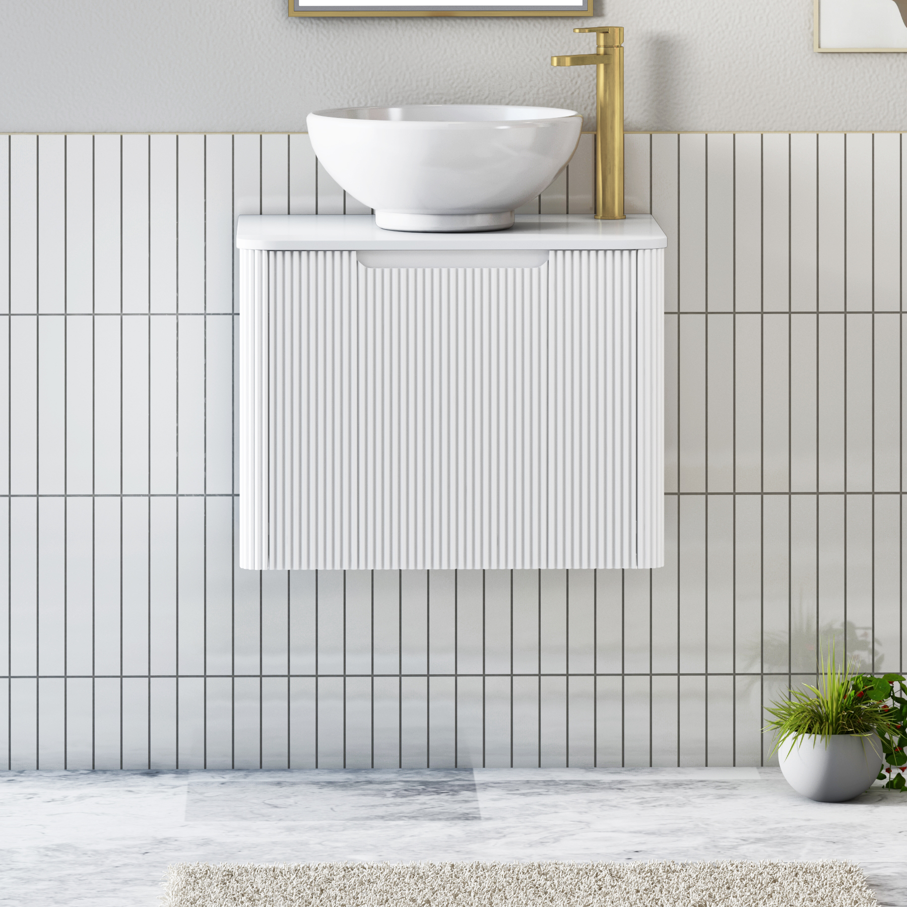 Avenza Matt White Wall Hung Vanity Unit 1 Drawer with Plain White Worktop & Multiple Basins