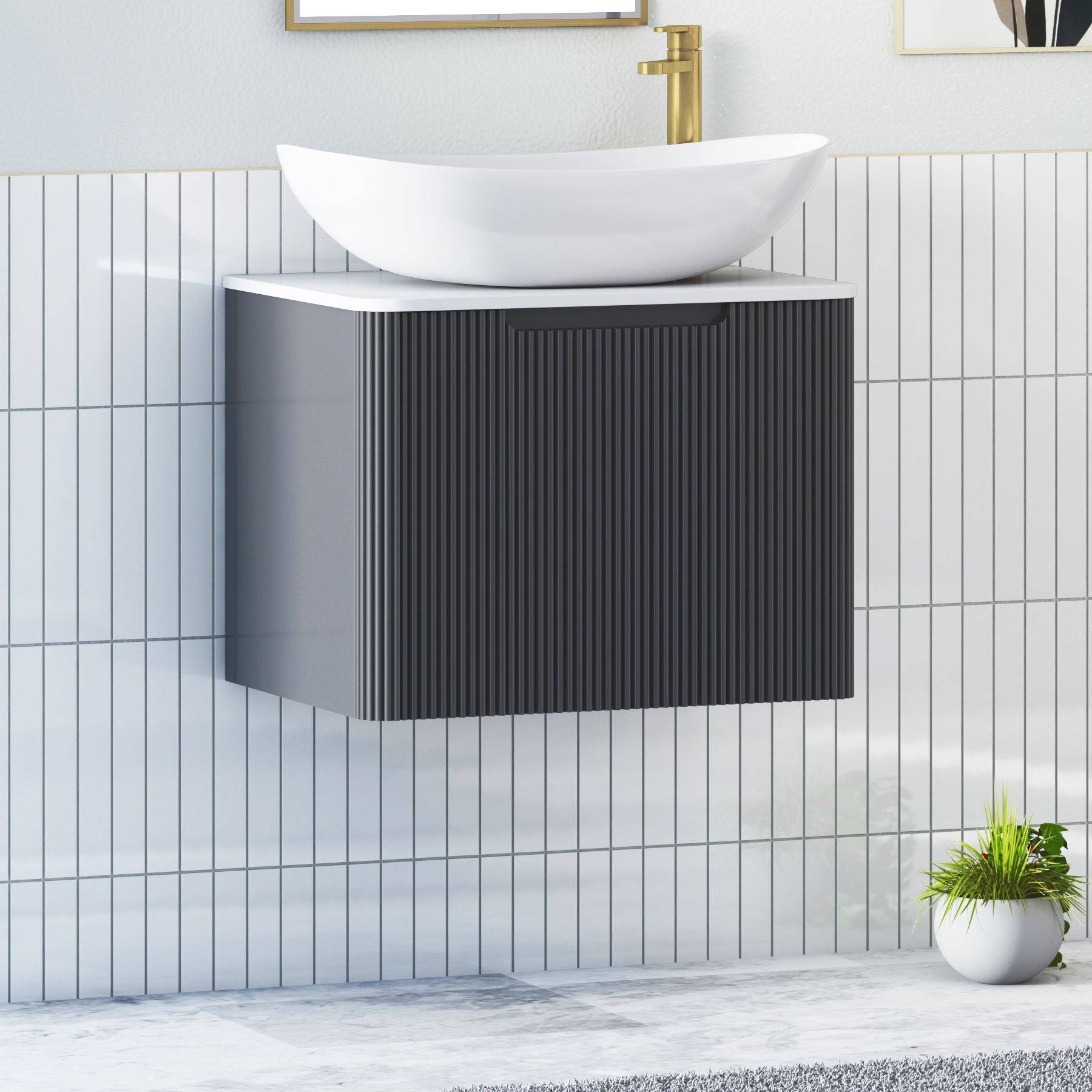 Avenza Matt Obsidian Black Wall Hung Vanity Unit 1 Drawer with Plain White Worktop & Multiple Basins