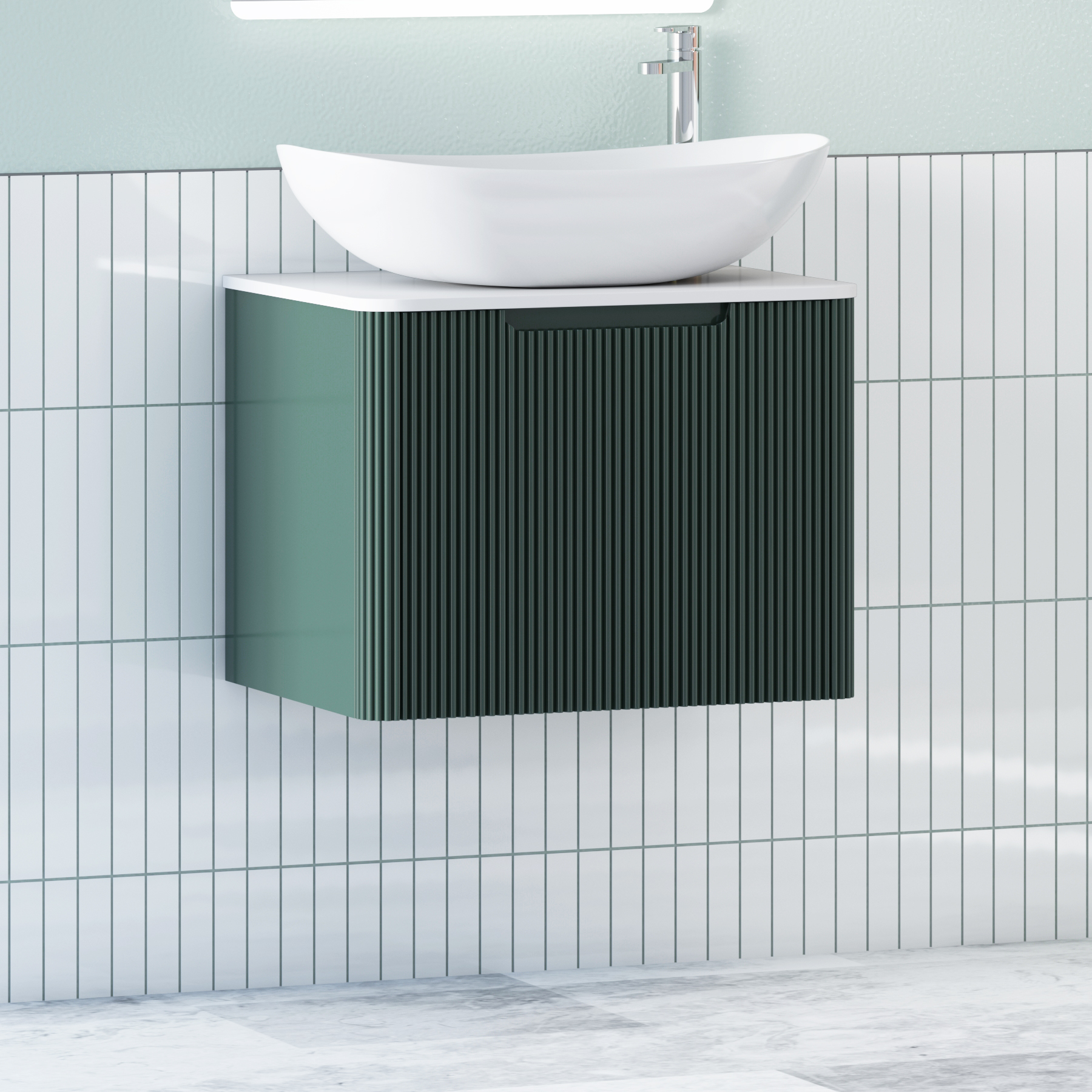 Avenza Deep Moss Green Wall Hung Vanity Unit 1 Drawer with Plain White Worktop & Multiple Basins