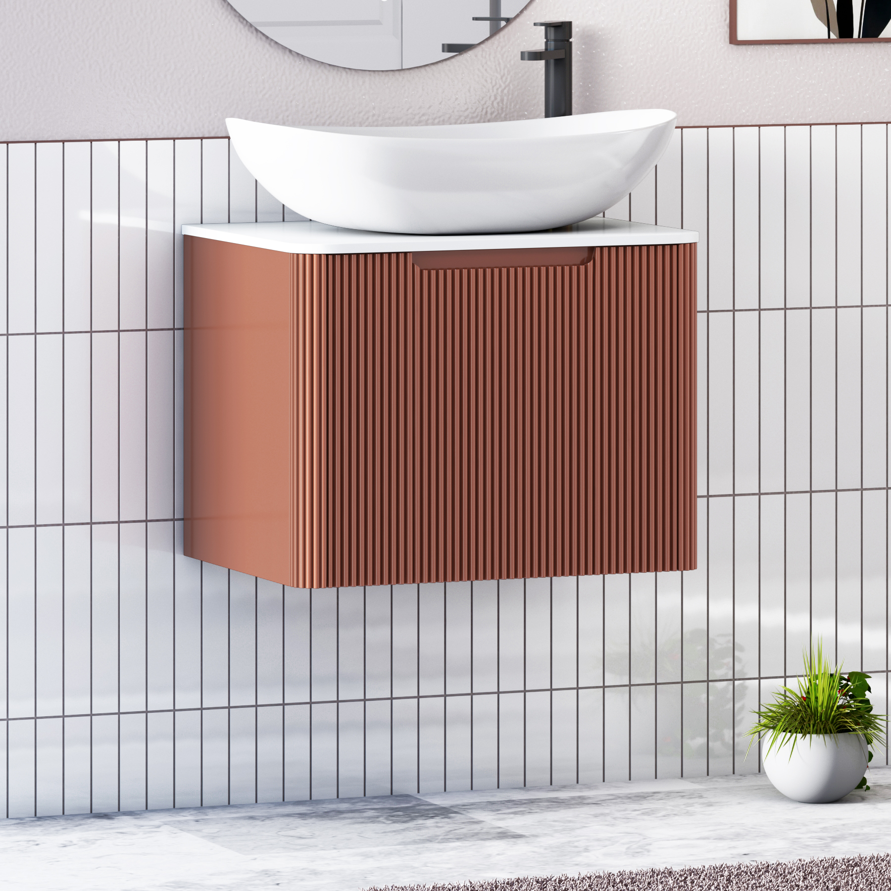 Avenza Terracotta Clay Wall Hung Vanity Unit 1 Drawer with Plain White Worktop & Multiple Basins