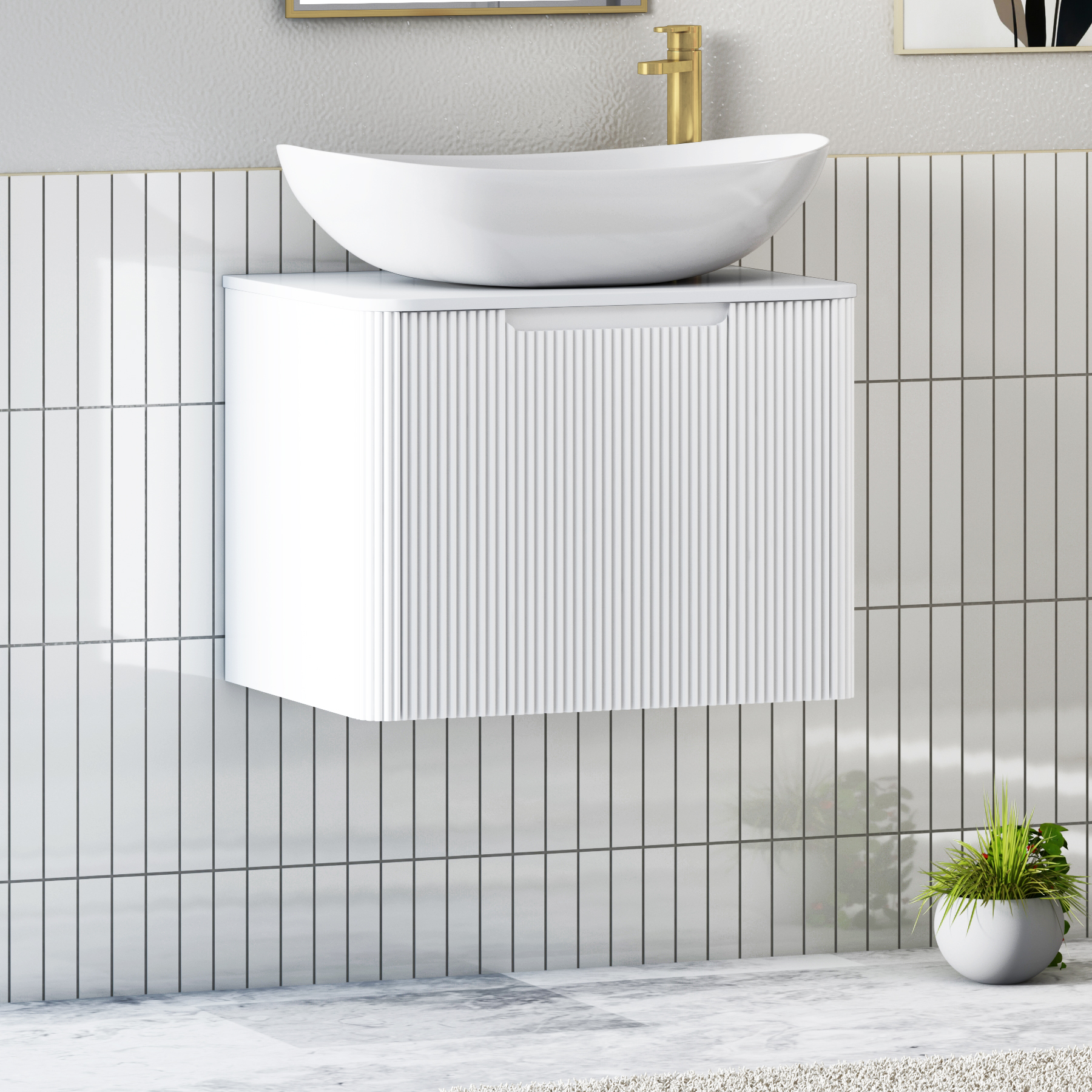 Avenza Matt White Wall Hung Vanity Unit 1 Drawer with Plain White Worktop & Multiple Basins