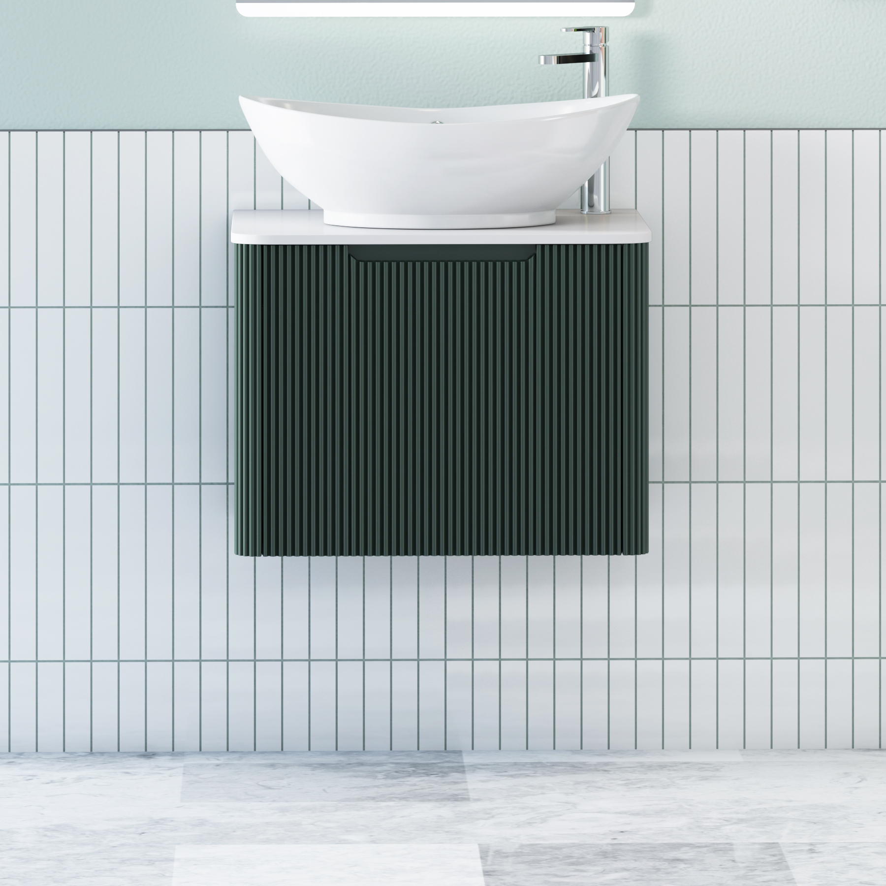 Avenza Deep Moss Green Wall Hung Vanity Unit 1 Drawer with Plain White Worktop & Multiple Basins
