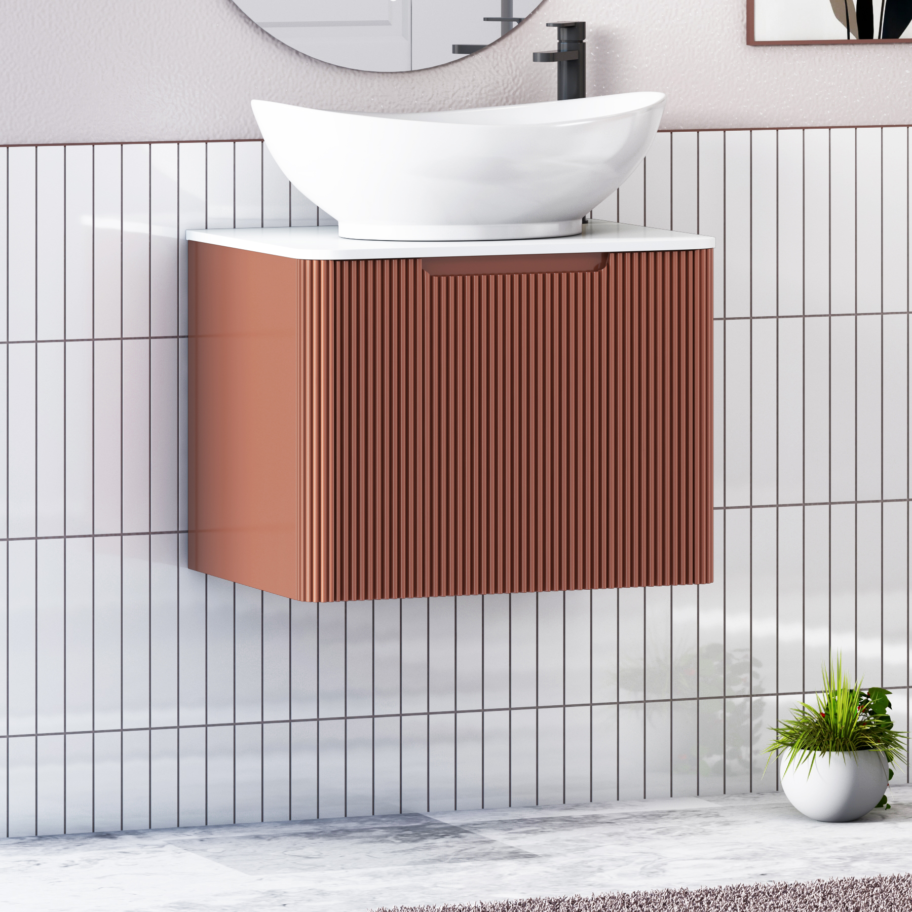 Avenza Terracotta Clay Wall Hung Vanity Unit 1 Drawer with Plain White Worktop & Multiple Basins