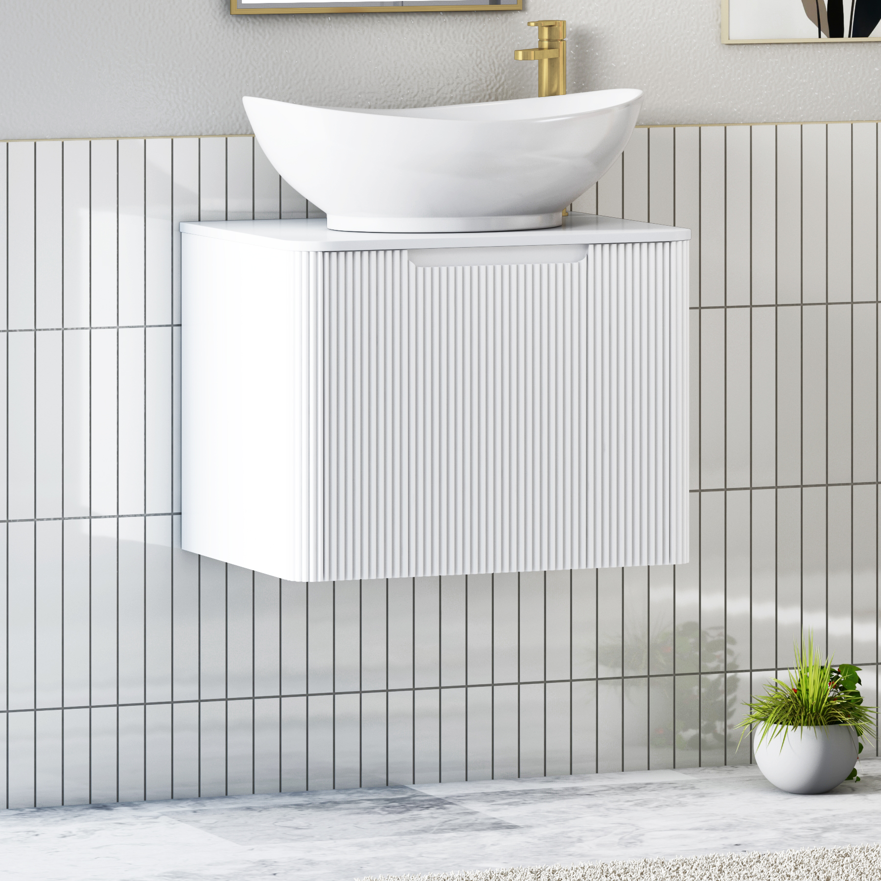 Avenza Matt White Wall Hung Vanity Unit 1 Drawer with Plain White Worktop & Multiple Basins