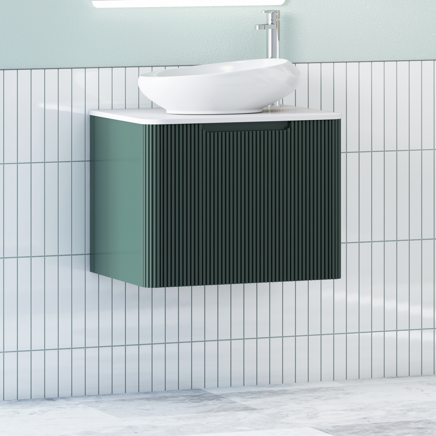 Avenza Deep Moss Green Wall Hung Vanity Unit 1 Drawer with Plain White Worktop & Multiple Basins