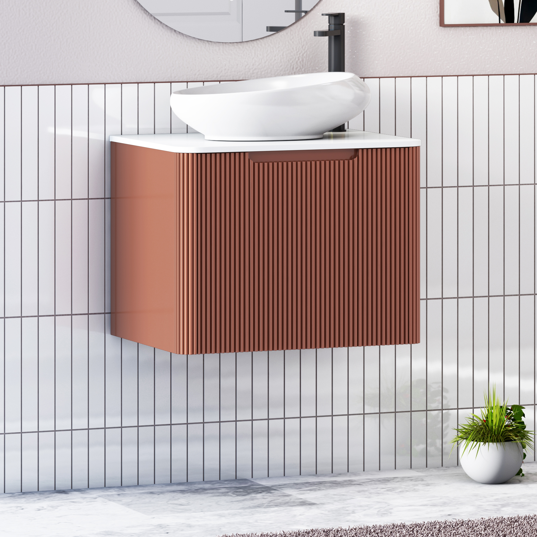 Avenza Terracotta Clay Wall Hung Vanity Unit 1 Drawer with Plain White Worktop & Multiple Basins