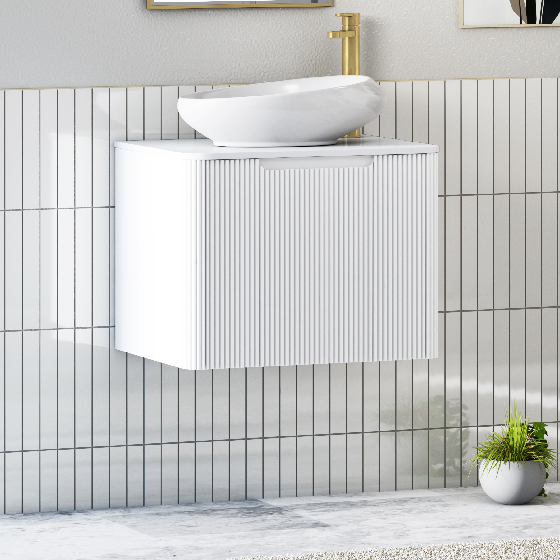 Avenza Matt White Wall Hung Vanity Unit 1 Drawer with Plain White Worktop & Multiple Basins