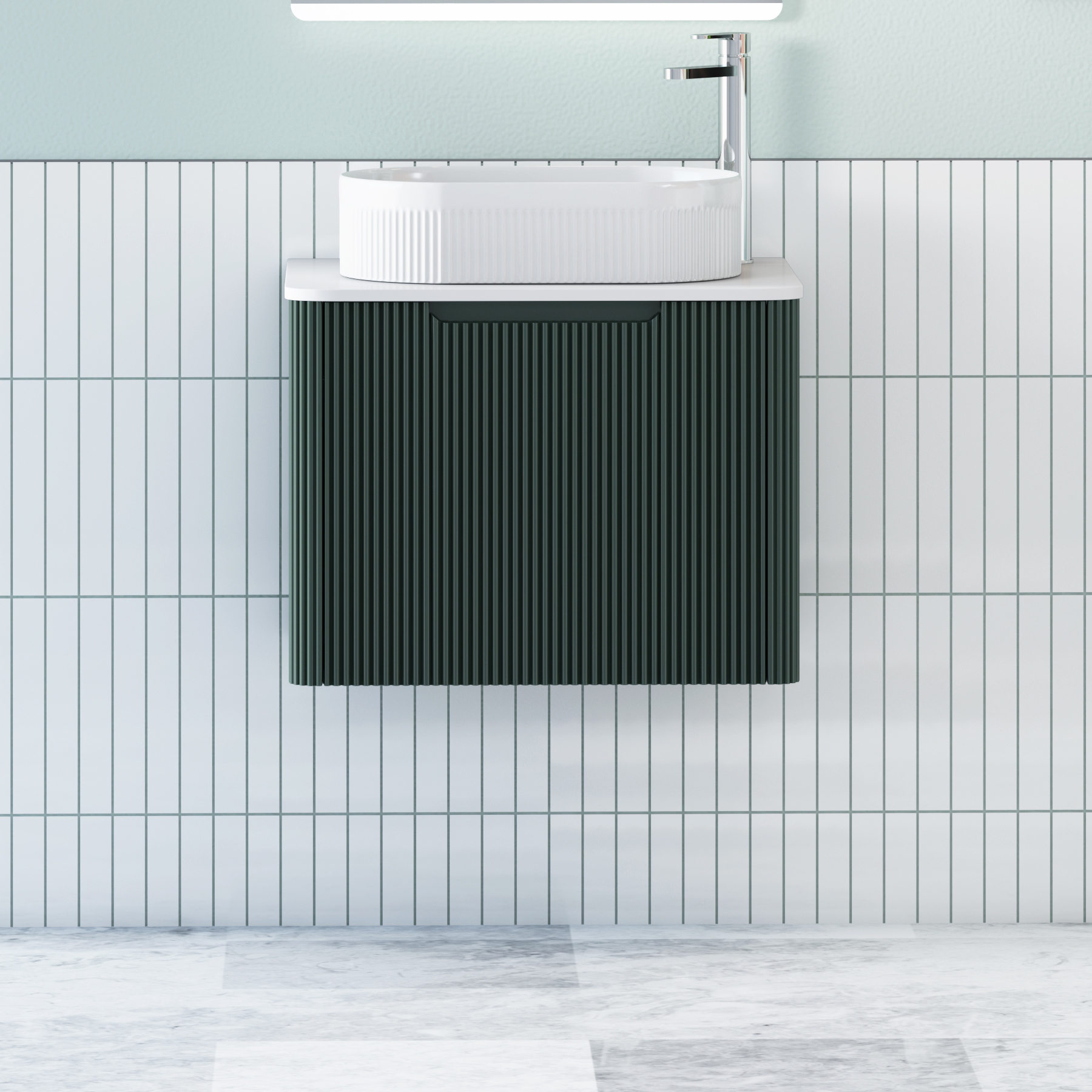 Avenza Deep Moss Green Wall Hung Vanity Unit 1 Drawer with Plain White Worktop & Multiple Basins