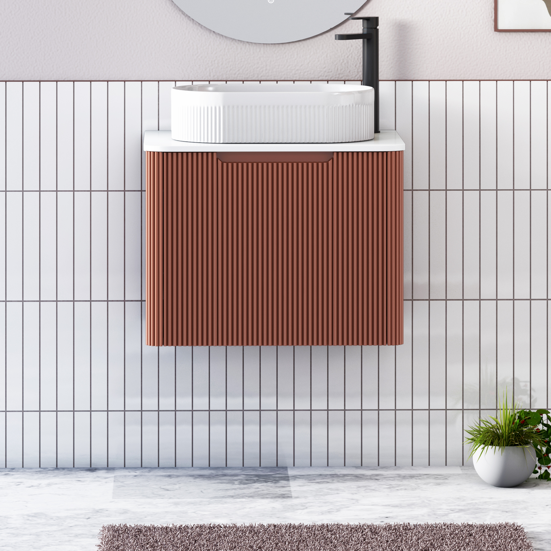 Avenza Terracotta Clay Wall Hung Vanity Unit 1 Drawer with Plain White Worktop & Multiple Basins